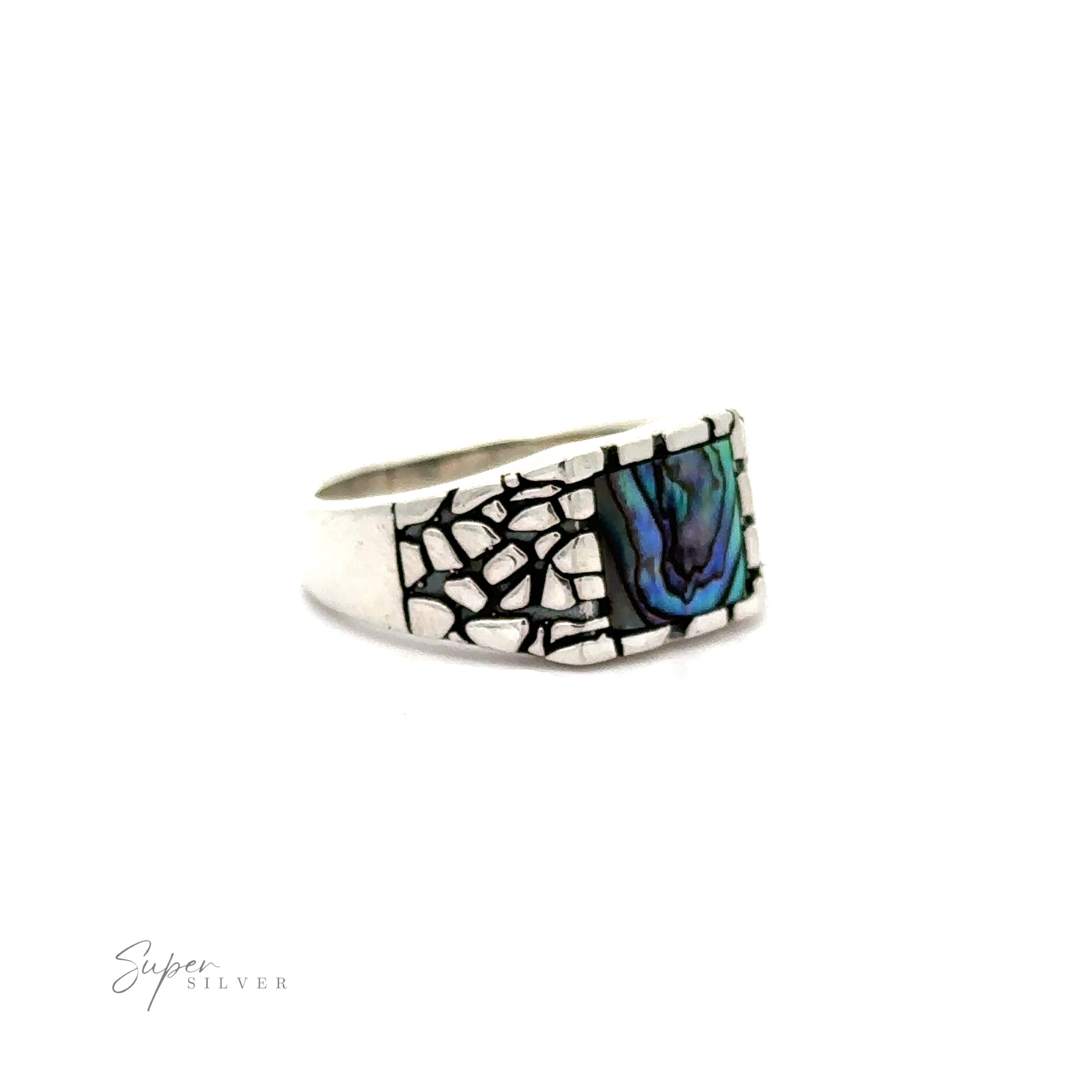 An abalone shell inlaid Stone Signet Ring with a sterling silver dragon scale pattern.