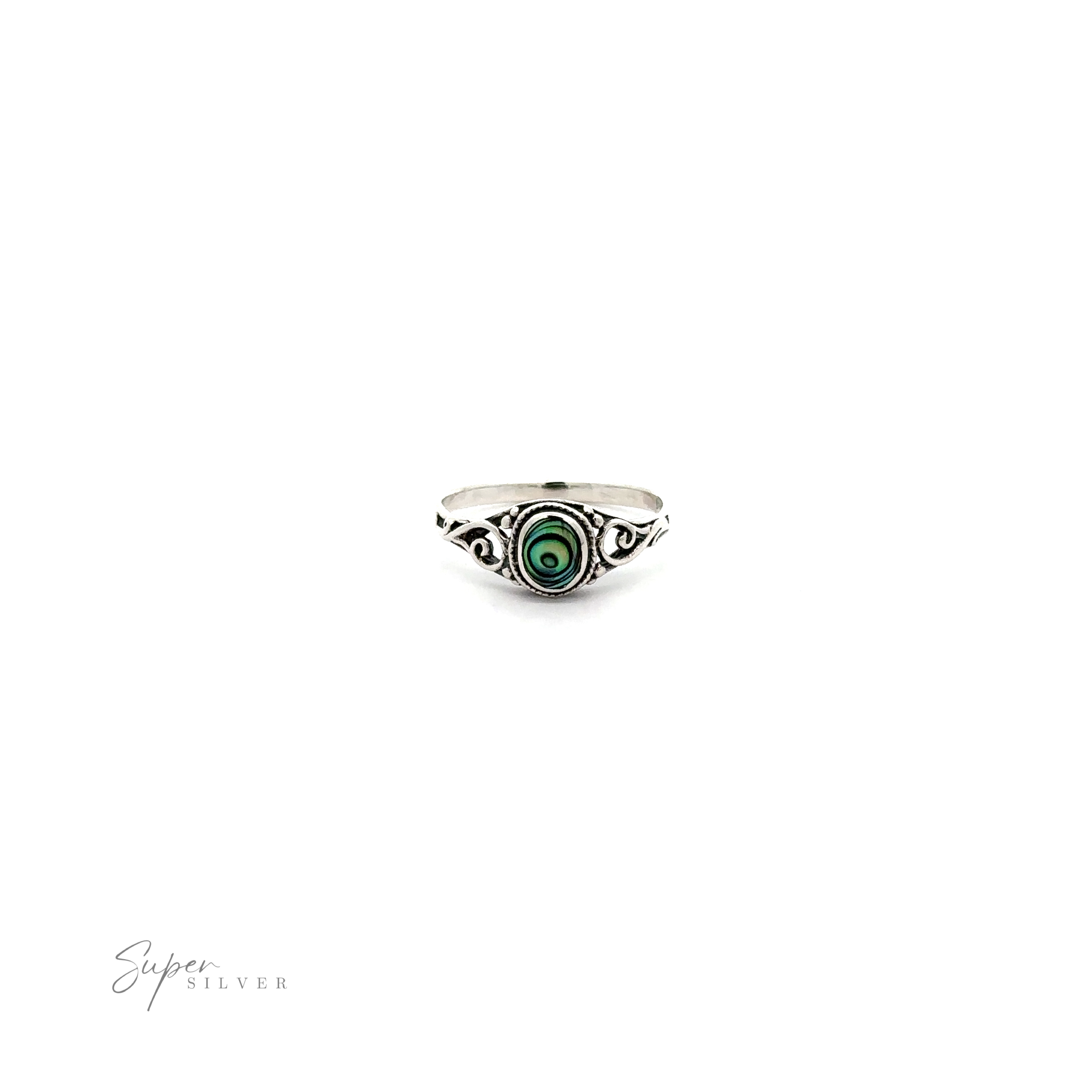 A sterling silver Oval Inlay Stone Ring with Swirls inset.