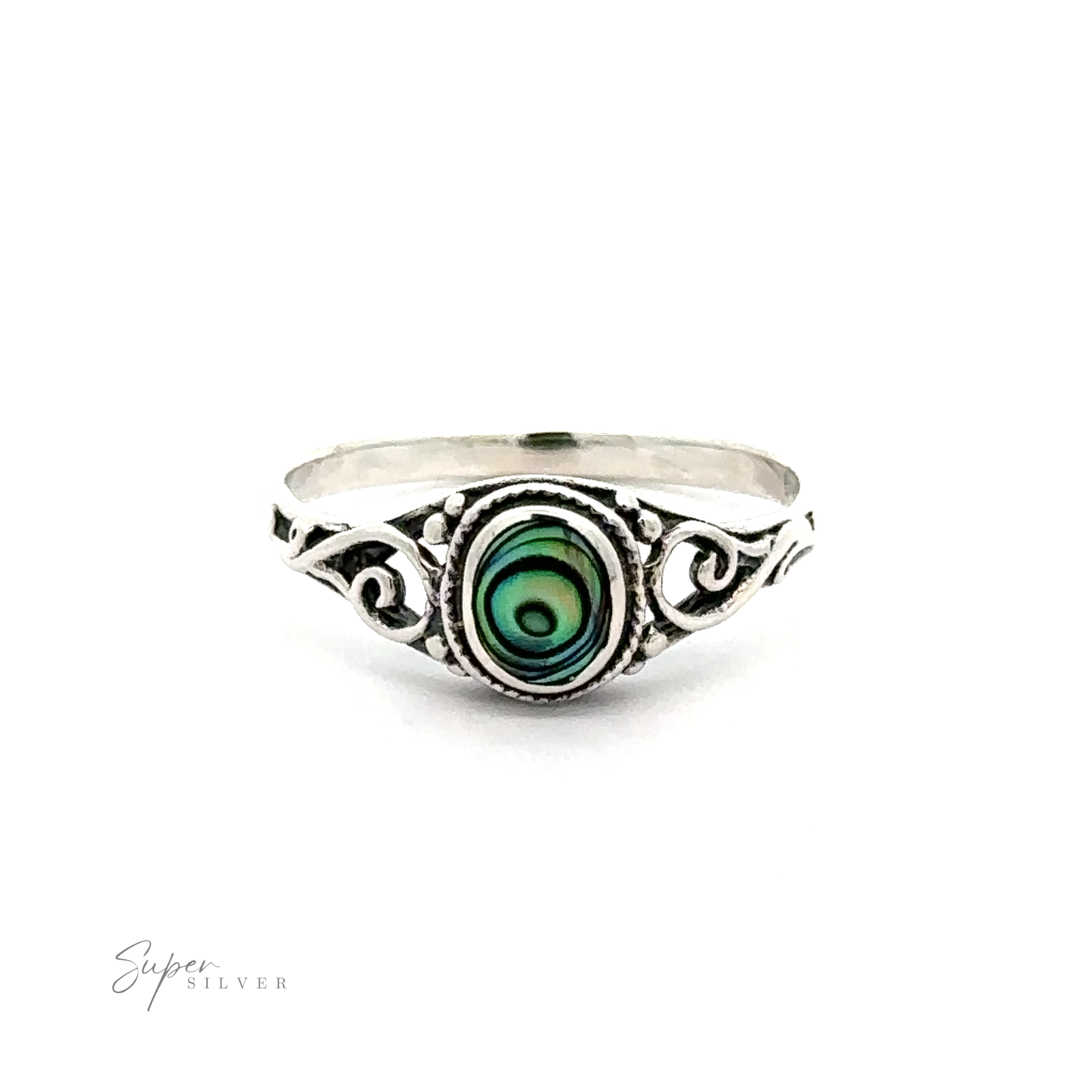 A sterling silver ring with an Oval Inlay Stone Ring with Swirls.