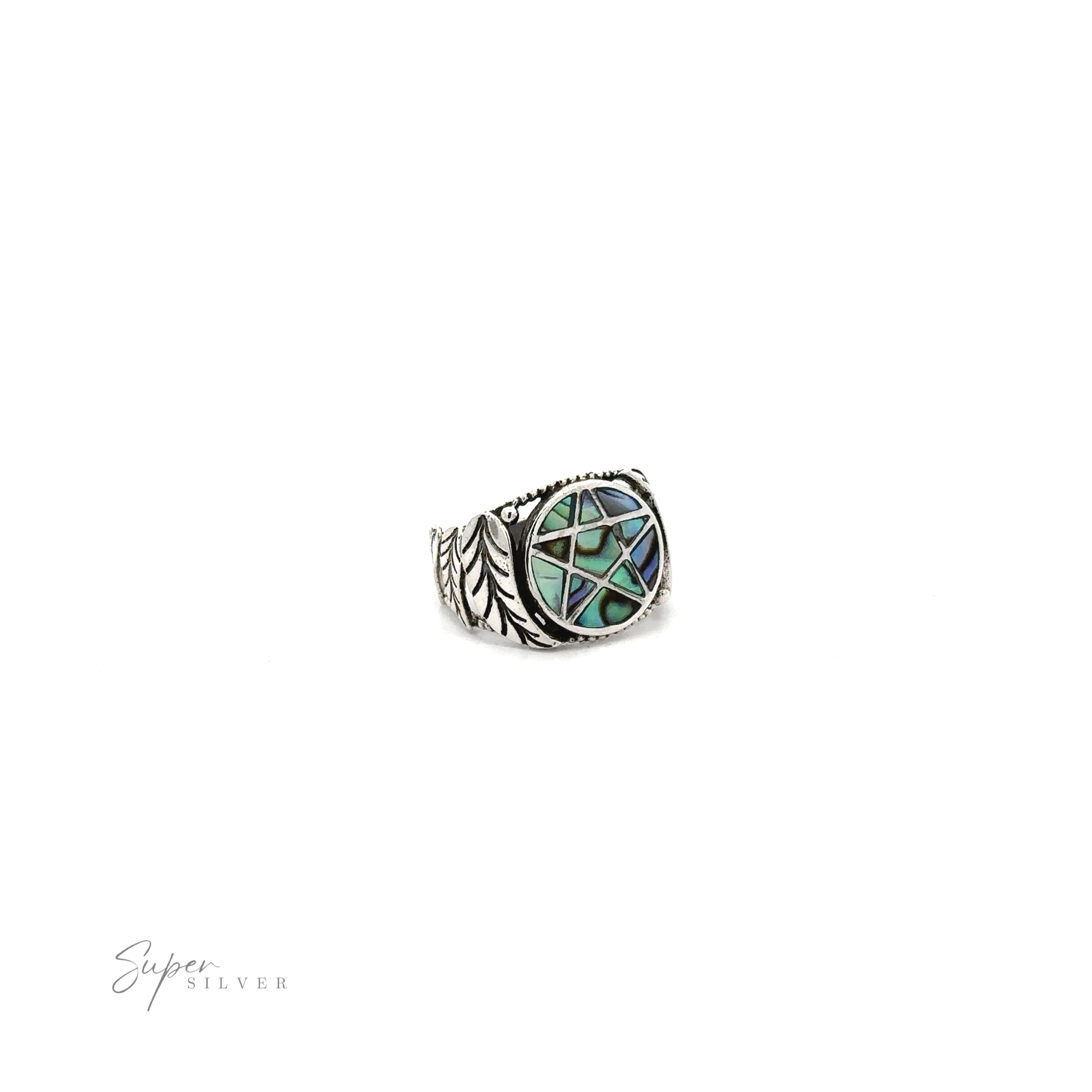 Pentagram ring with feather details and a turquoise inlay.
