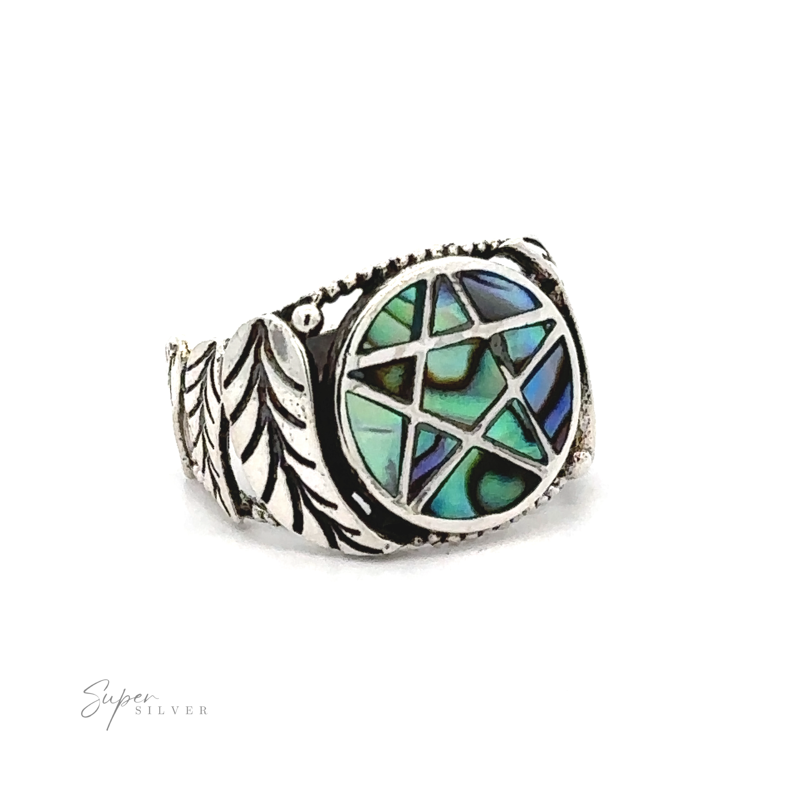 Pentagram ring with inlaid stones featuring leaf detailing and a colorful mosaic design.