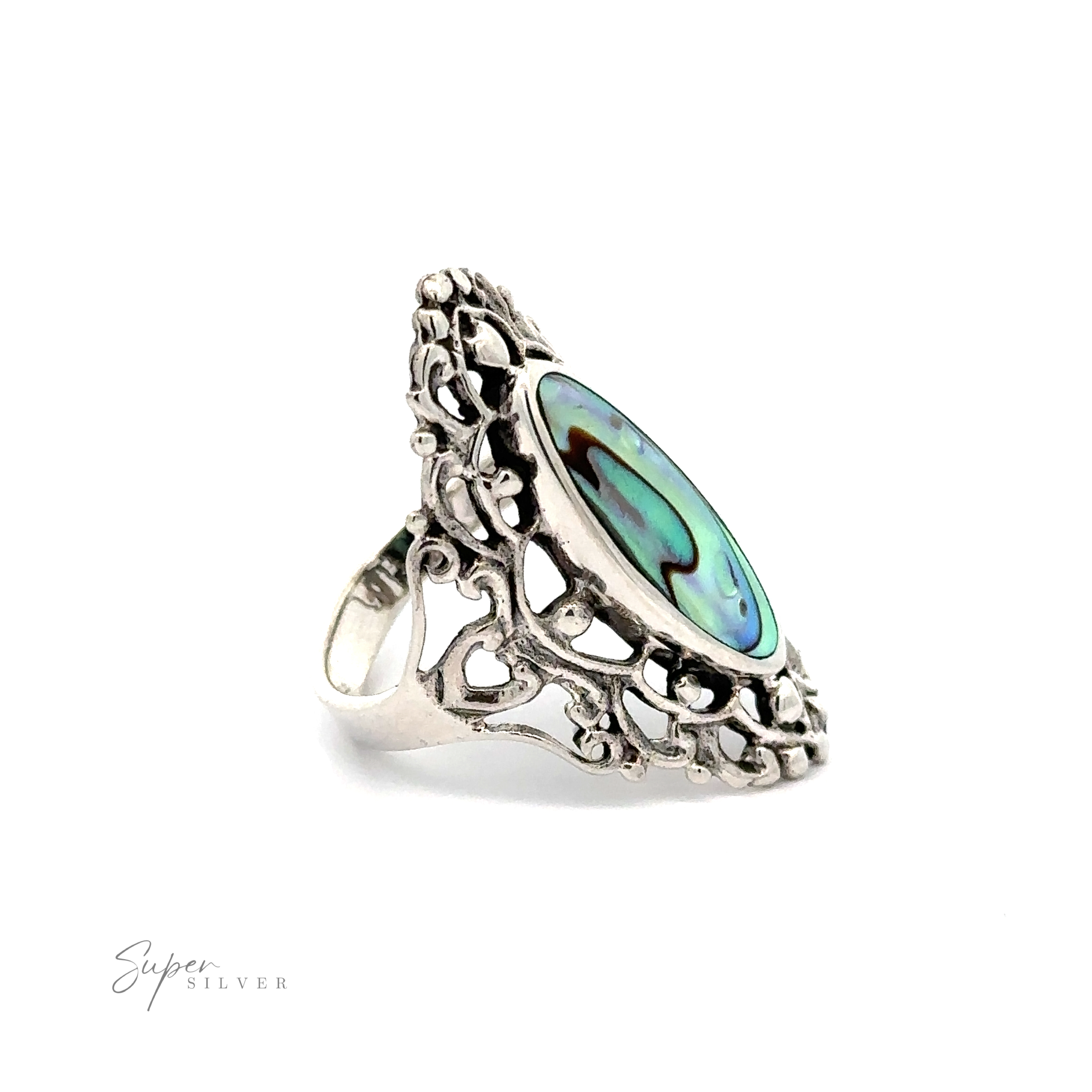 A Filigree Shield Ring with Inlaid Stones with a green abalone shell inlaid stone.