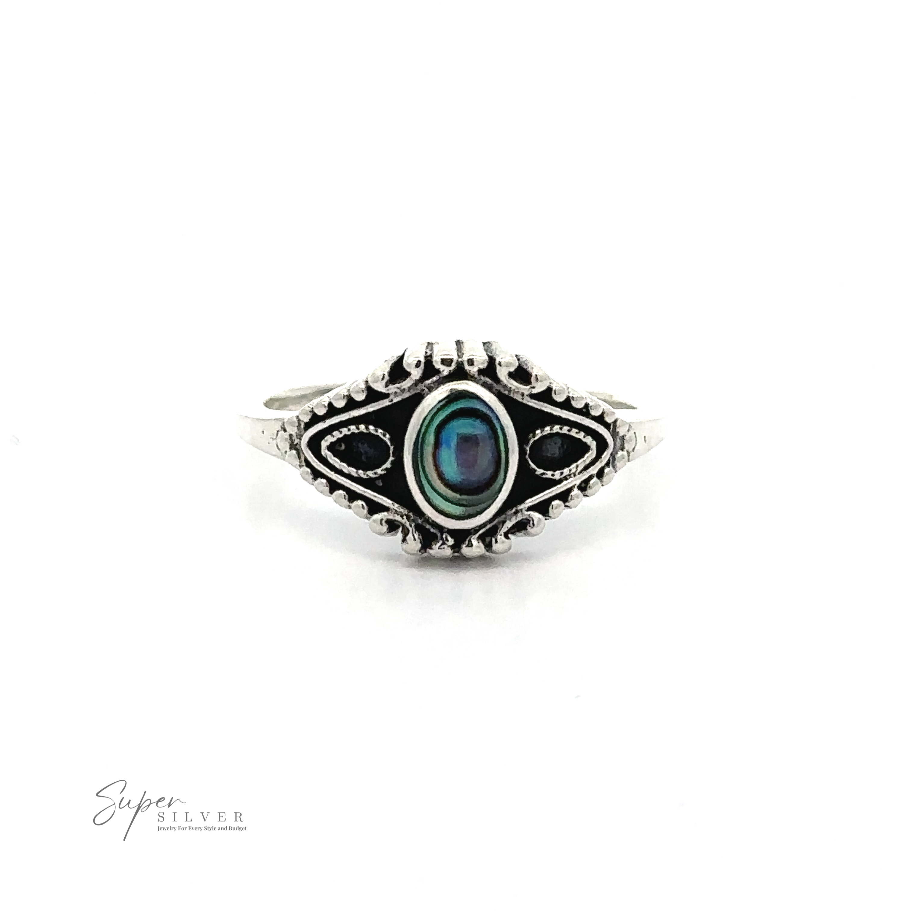A Vintage Style Ring With Inlaid Oval Stone, crafted in .925 Sterling Silver, features an iridescent stone at the center with intricate band detailing. The logo "Super Silver" graces the bottom left corner.