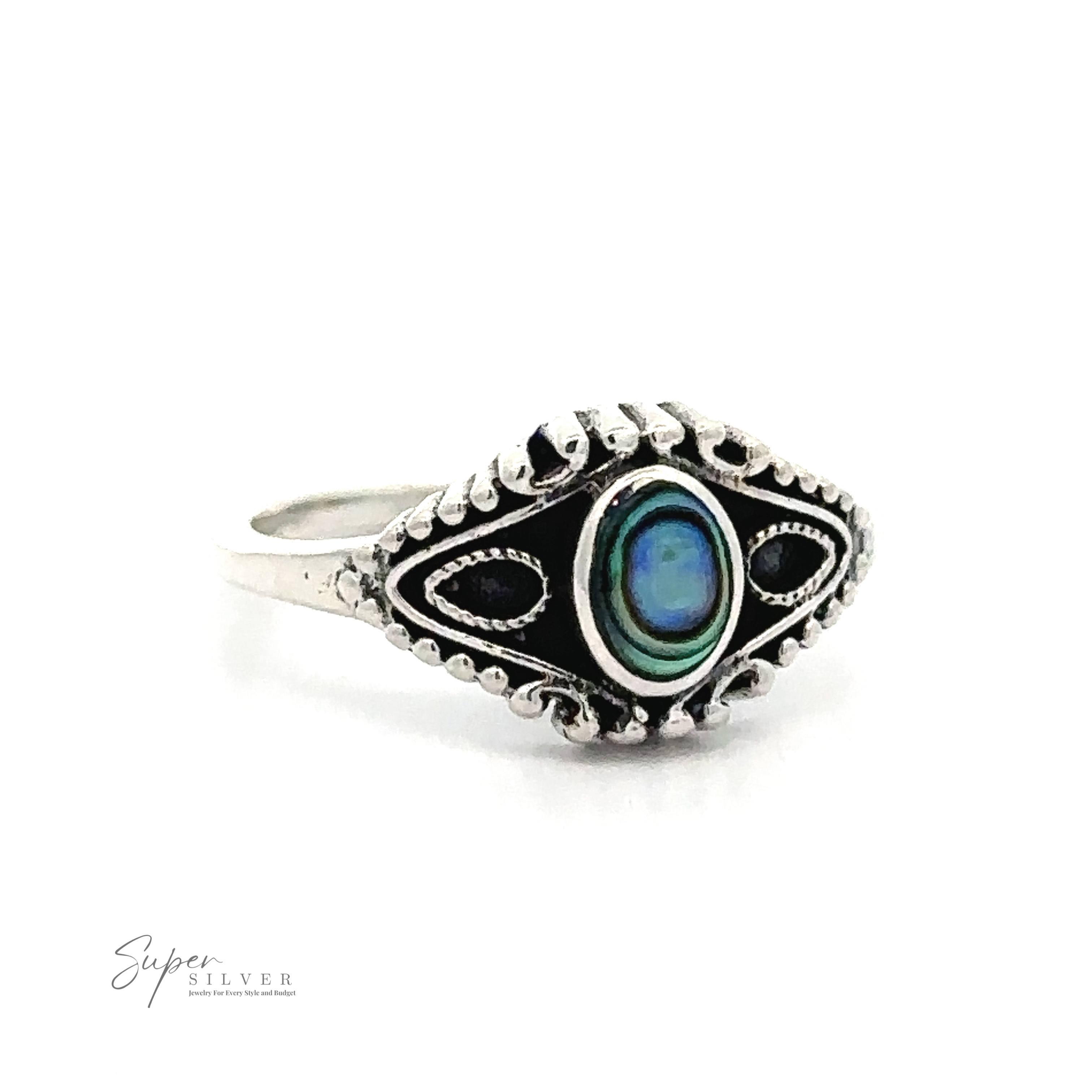 A Vintage Style Ring With Inlaid Oval Stone crafted from .925 Sterling Silver, featuring an intricate design with an inlaid blue-green stone at the center and detailed patterns surrounding it. The inscription "Super Silver" is visible on the lower left of the image.