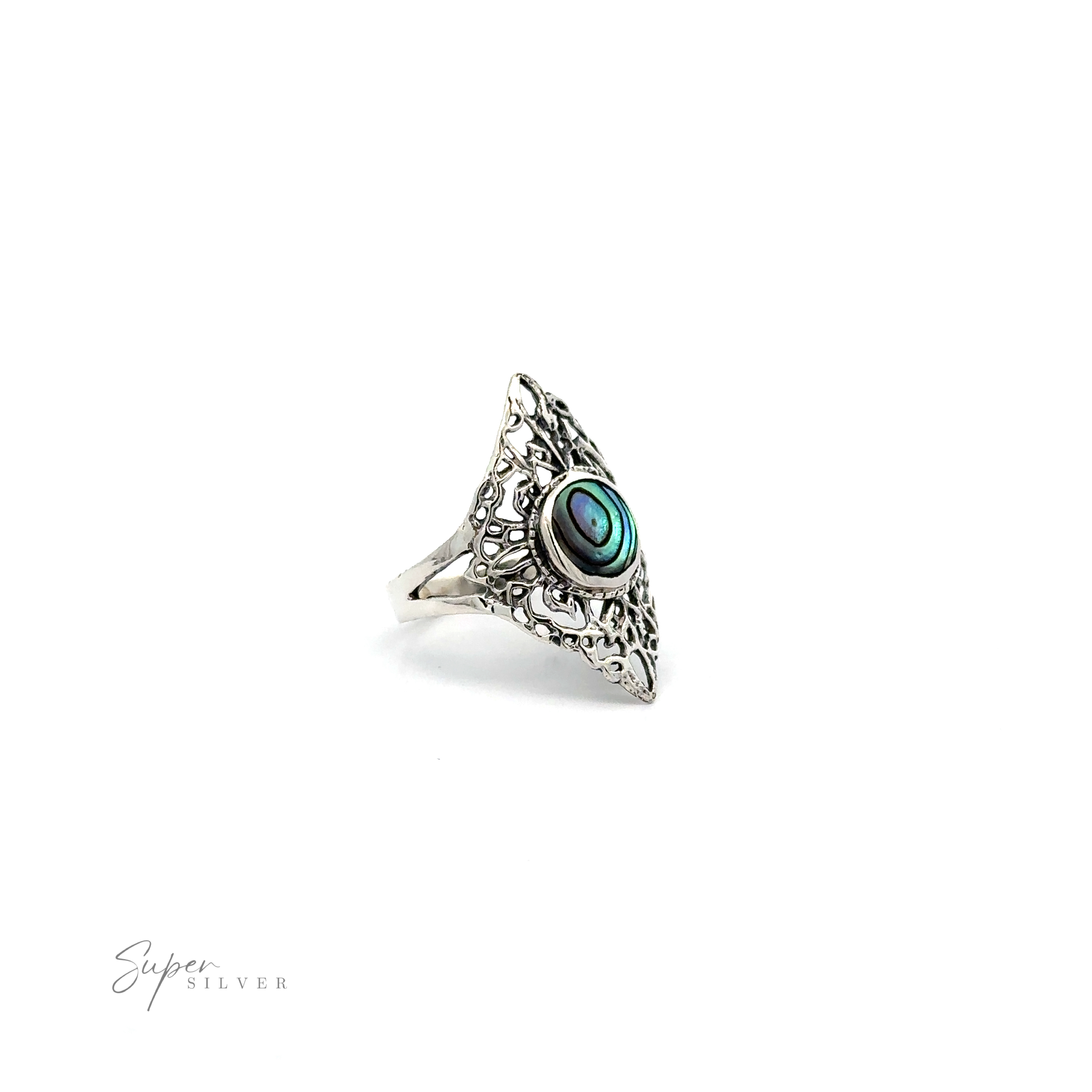A Diamond Shaped Filigree Ring with a round inlaid stone.