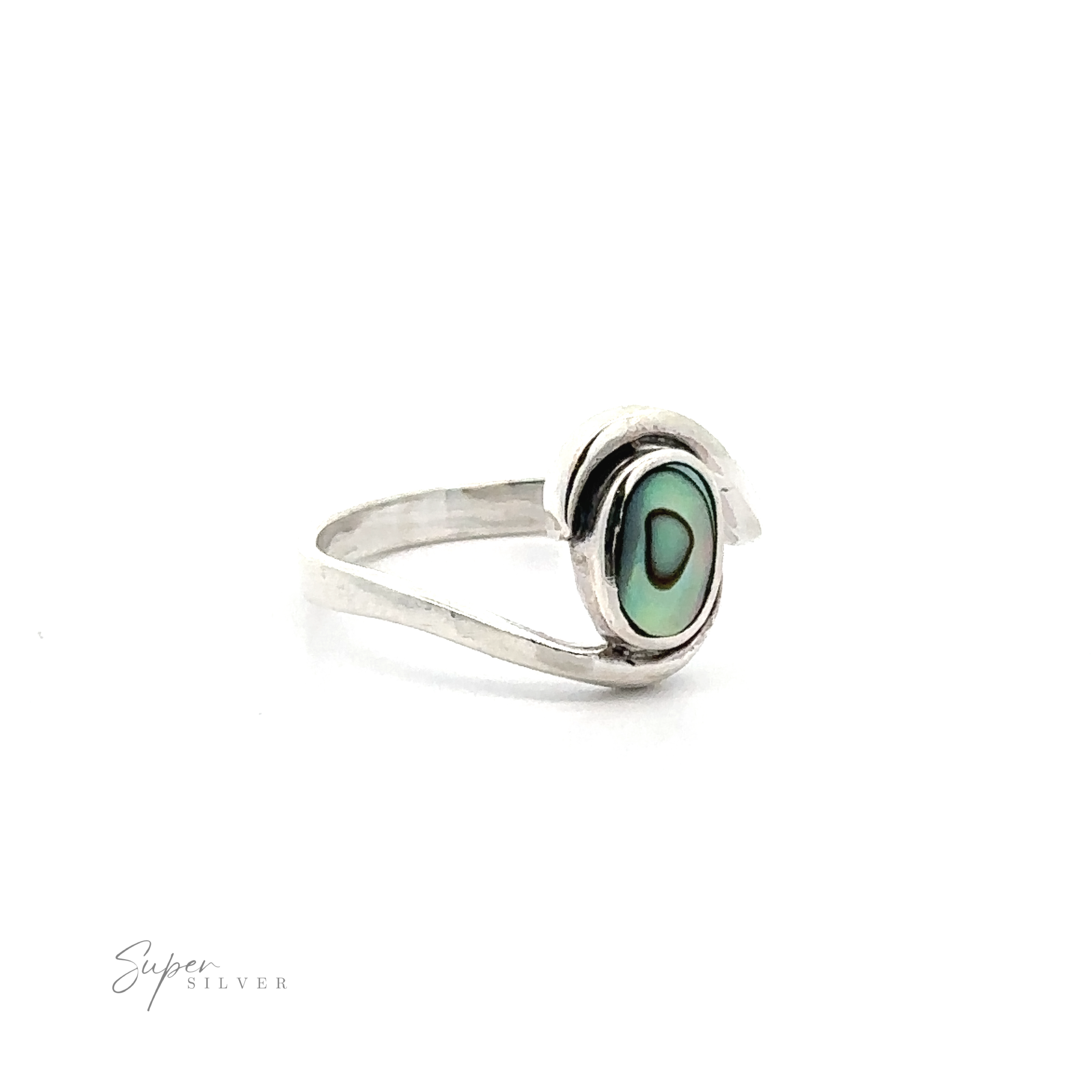A Simple Freeform Ring with Oval Inlaid Stones with a green stone on it.