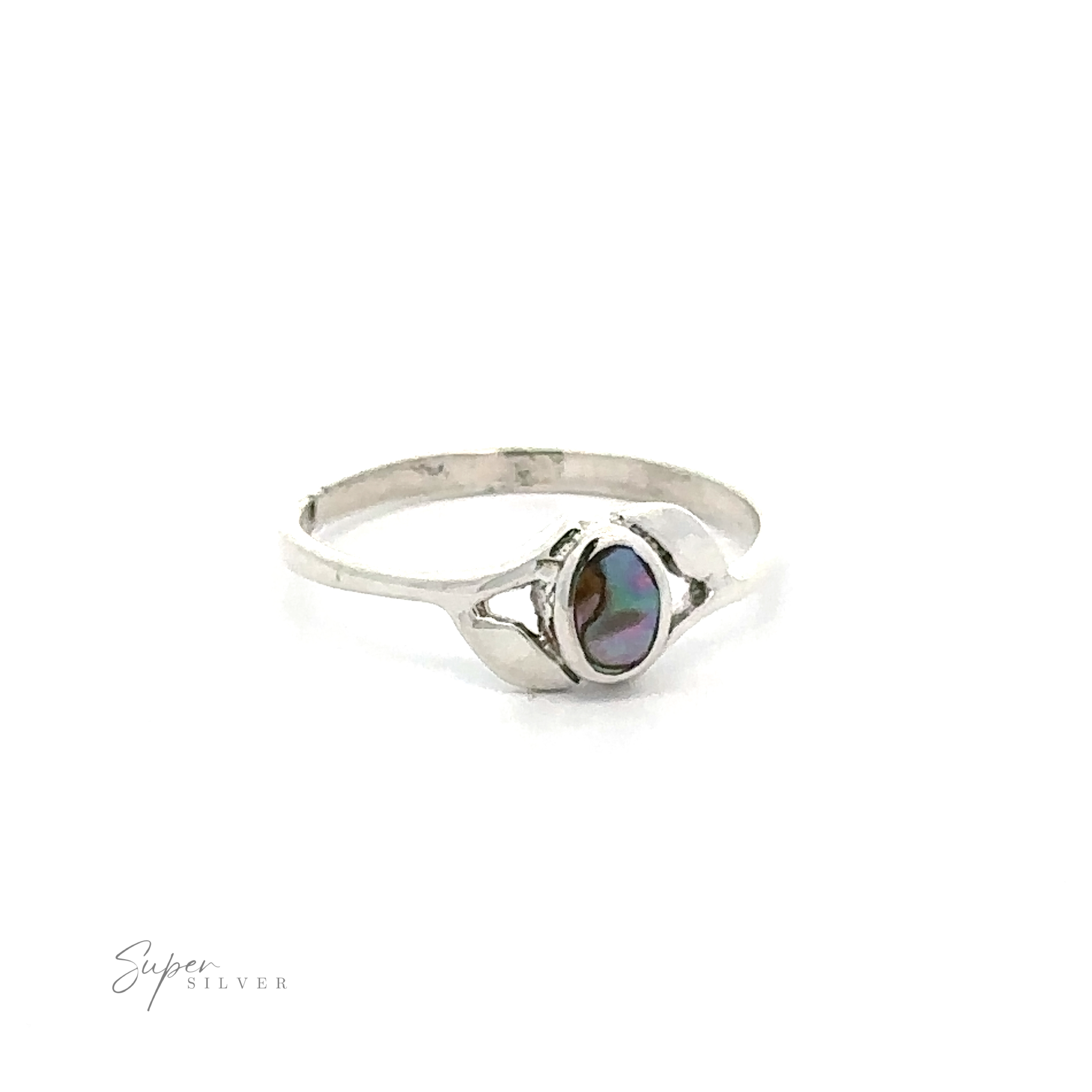Dainty Oval Stone Ring with Leaf Accents with a mother of pearl gemstone on a white background.