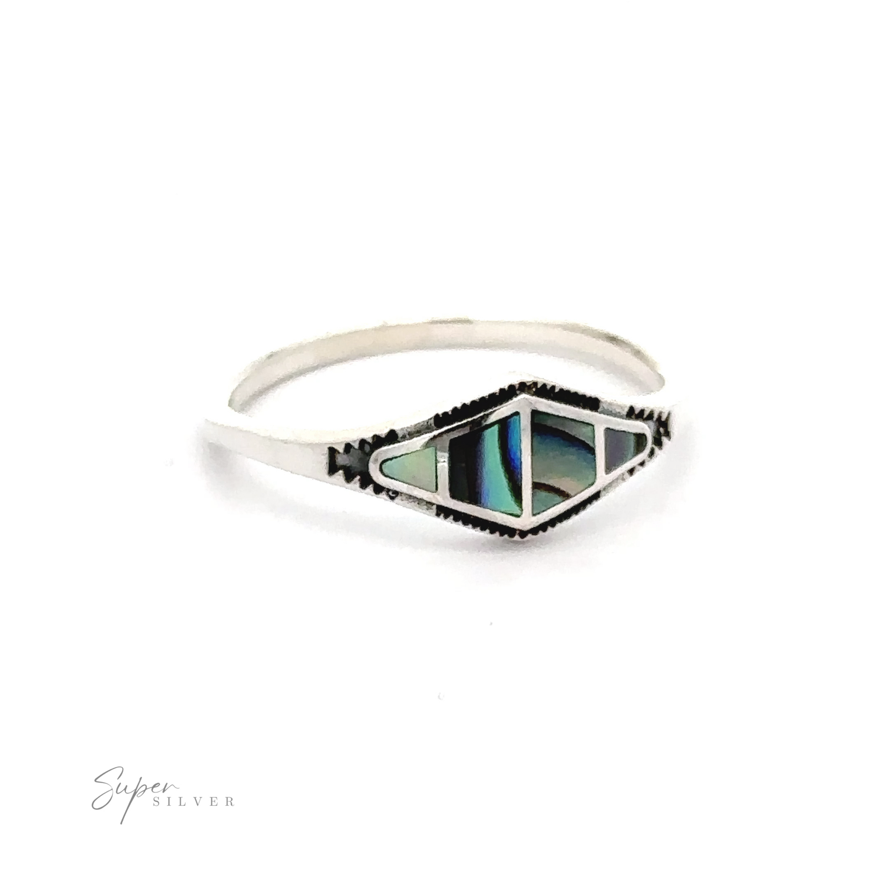 A unique Diamond Shape Sectioned Stone Ring with a contemporary abalone shell design.