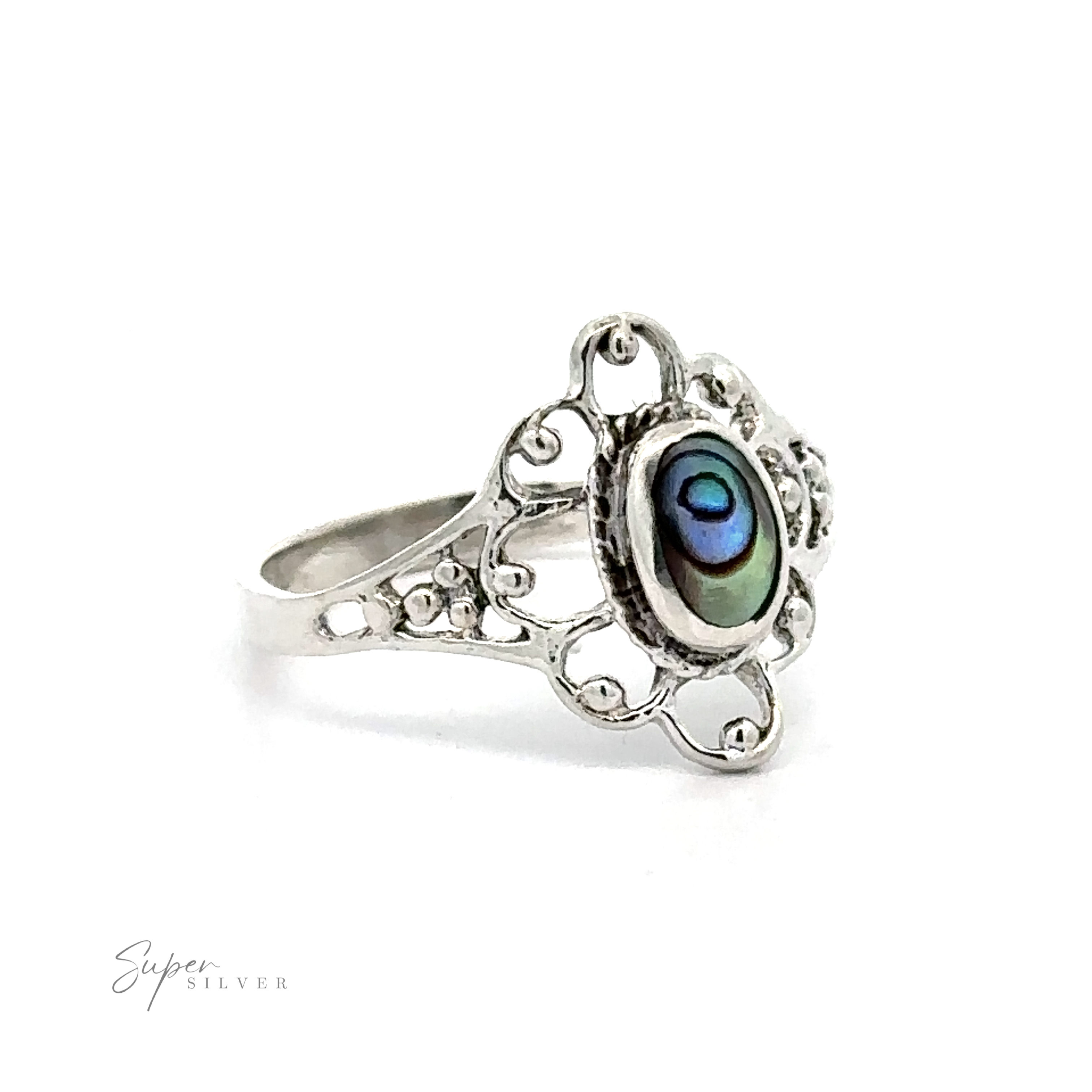 A Vintage-Styled Flower Ring with Inlaid Stones with an abalone shell and lacey petals.