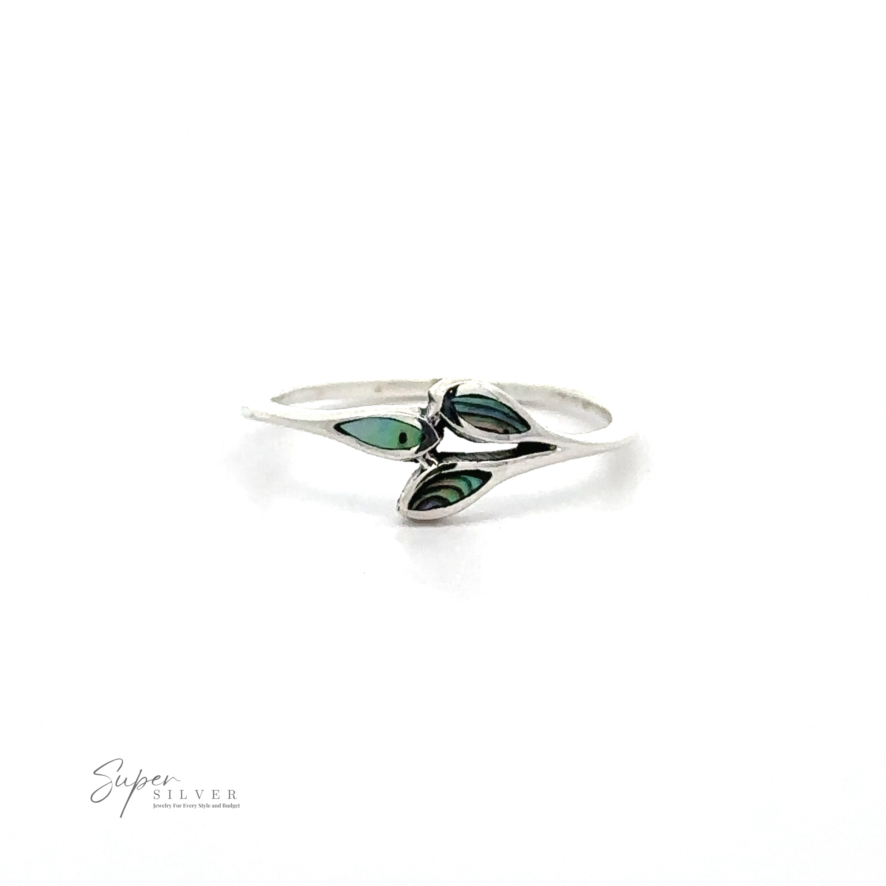 A Tiny Leaves Ring with Inlaid Stones with a minimalist design featuring a tiny leaf design ring showcasing green and blue accents. The brand name "Super Silver" is visible in the bottom left corner.