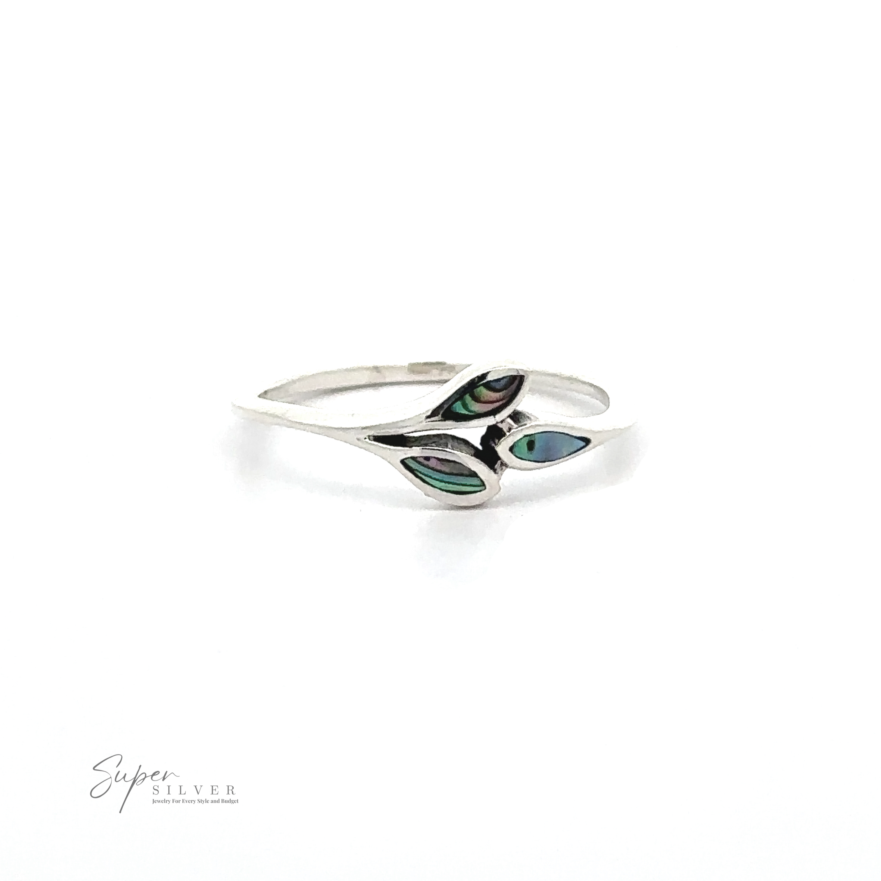 A sterling silver ring with a delicate, twisting band design featuring two small, multicolored inlay accents. The text "Tiny Leaves Ring with Inlaid Stones" is visible in the bottom corner, making this minimalist ring truly stand out.