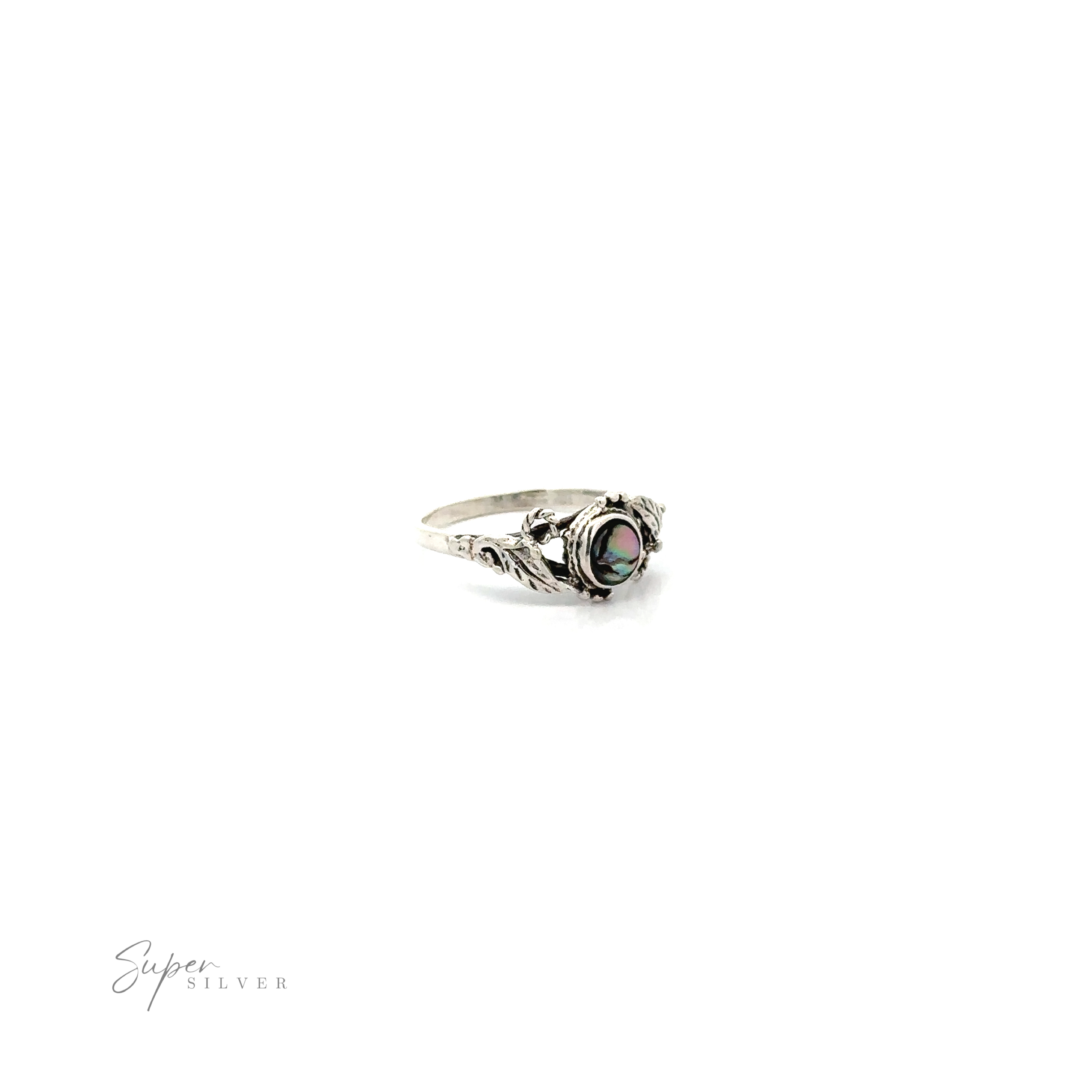 Vintage Rope and Leaves Inlay Stone Ring with an intricate band design and a central black stone, displayed against a white background.
