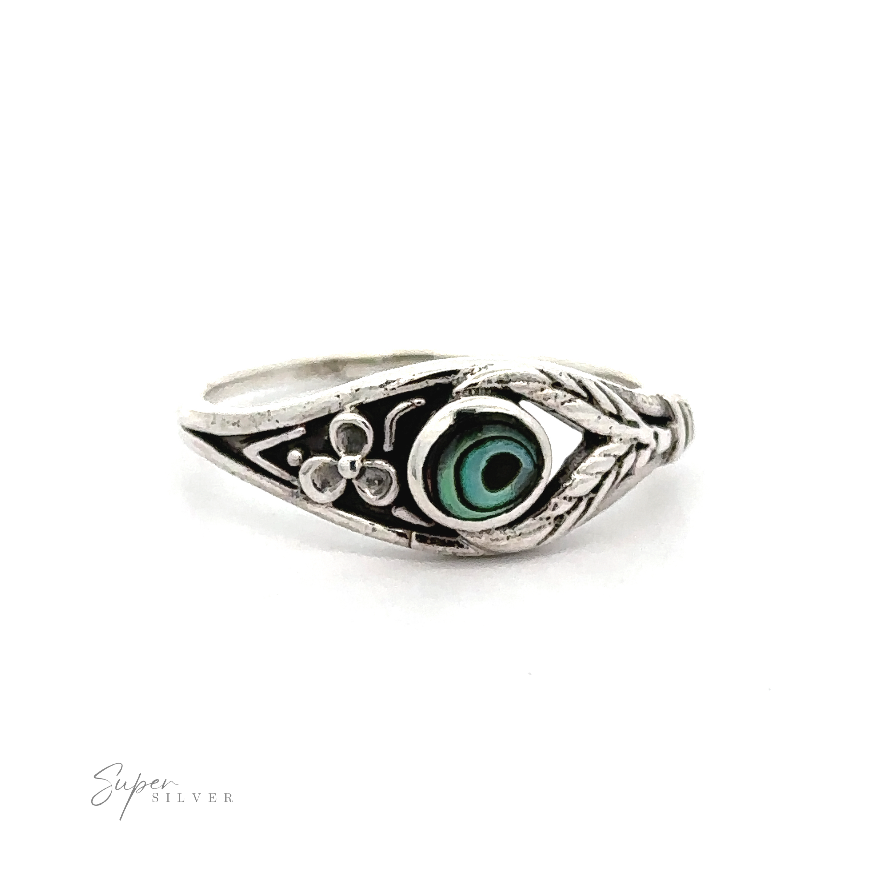 A Inlay Stone Ring with Flower and Leaf Design with a green eye design.