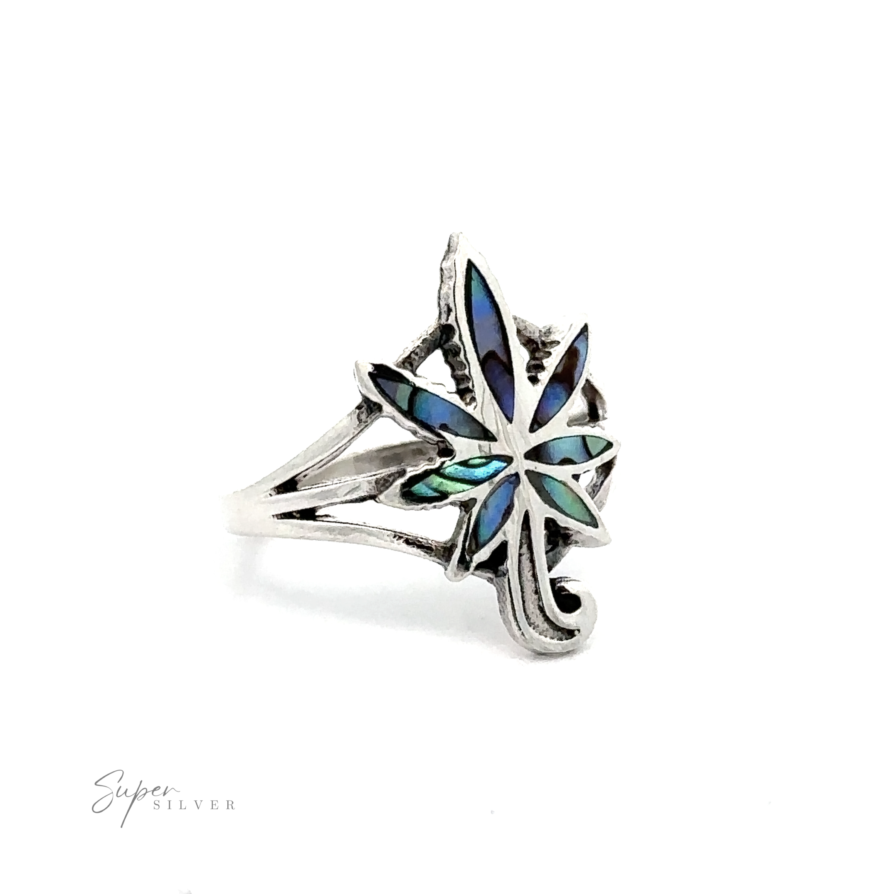 A colorful Inlay Stone Marijuana Leaf Ring adorns this .925 Sterling Silver ring.
