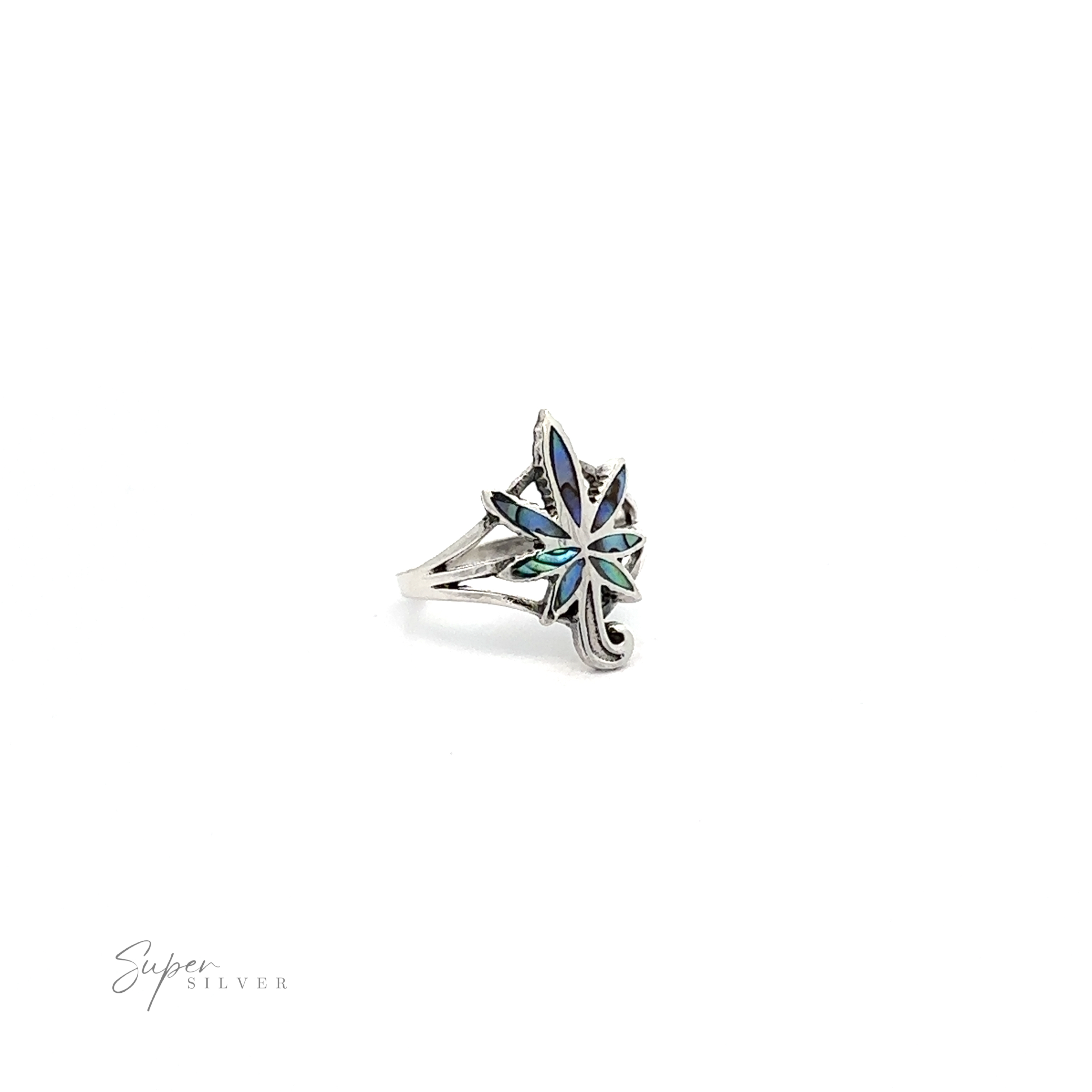 A colorful Inlay Stone Marijuana Leaf Ring crafted from .925 Sterling Silver with blue and green stones.