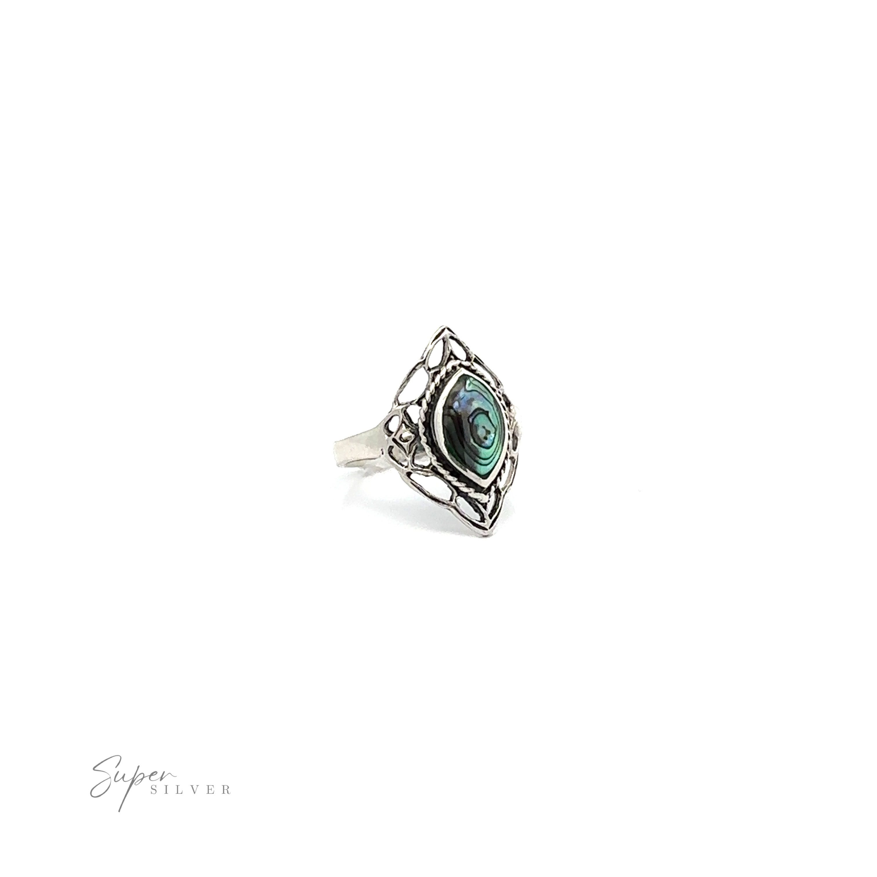 A Delicate Marquise Shield ring with an inlaid green stone in the middle.
