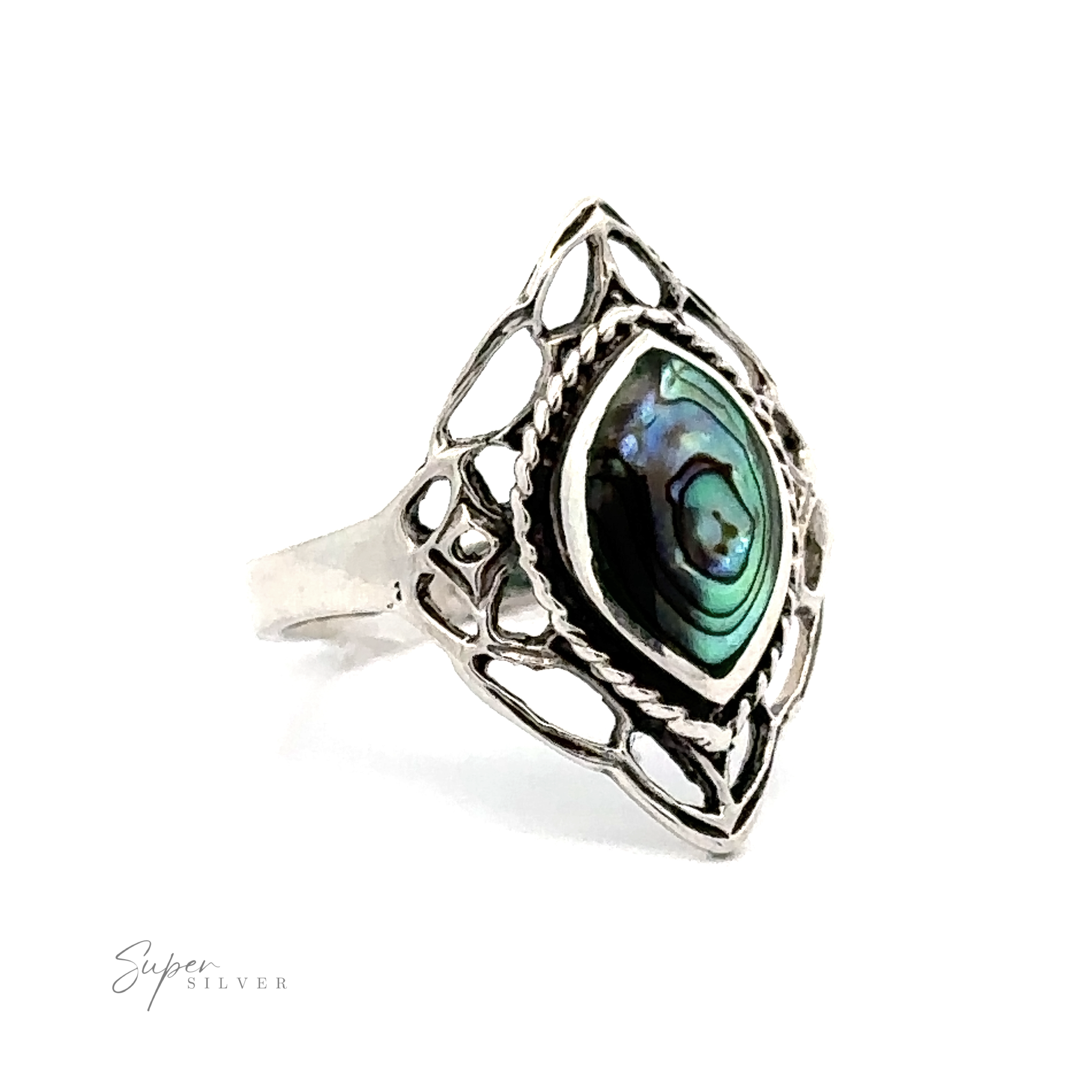 A Delicate Marquise Shield Ring with Inlaid Stones abalone shell ring with a filigree design.