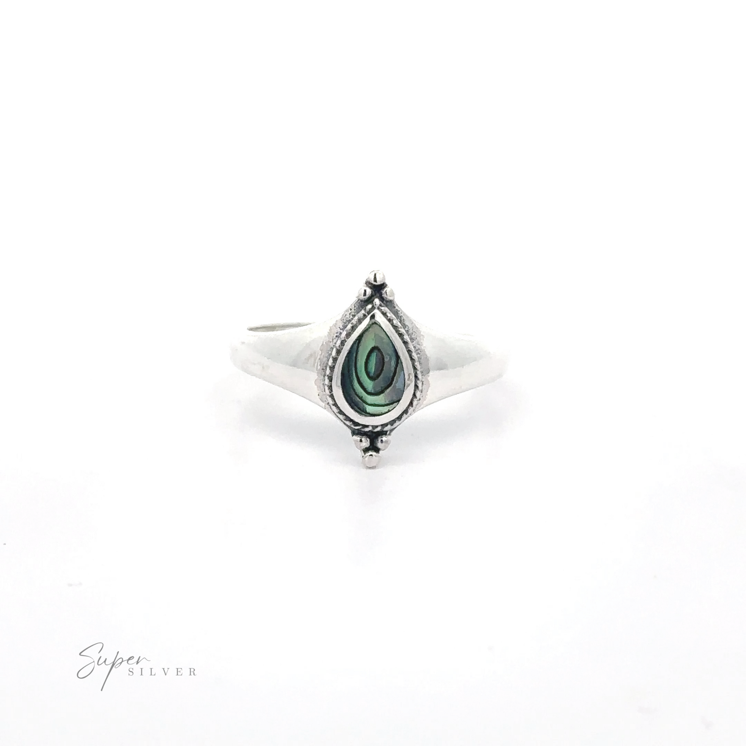 Teardrop Inlay Shield ring with a malachite stone on a white background.