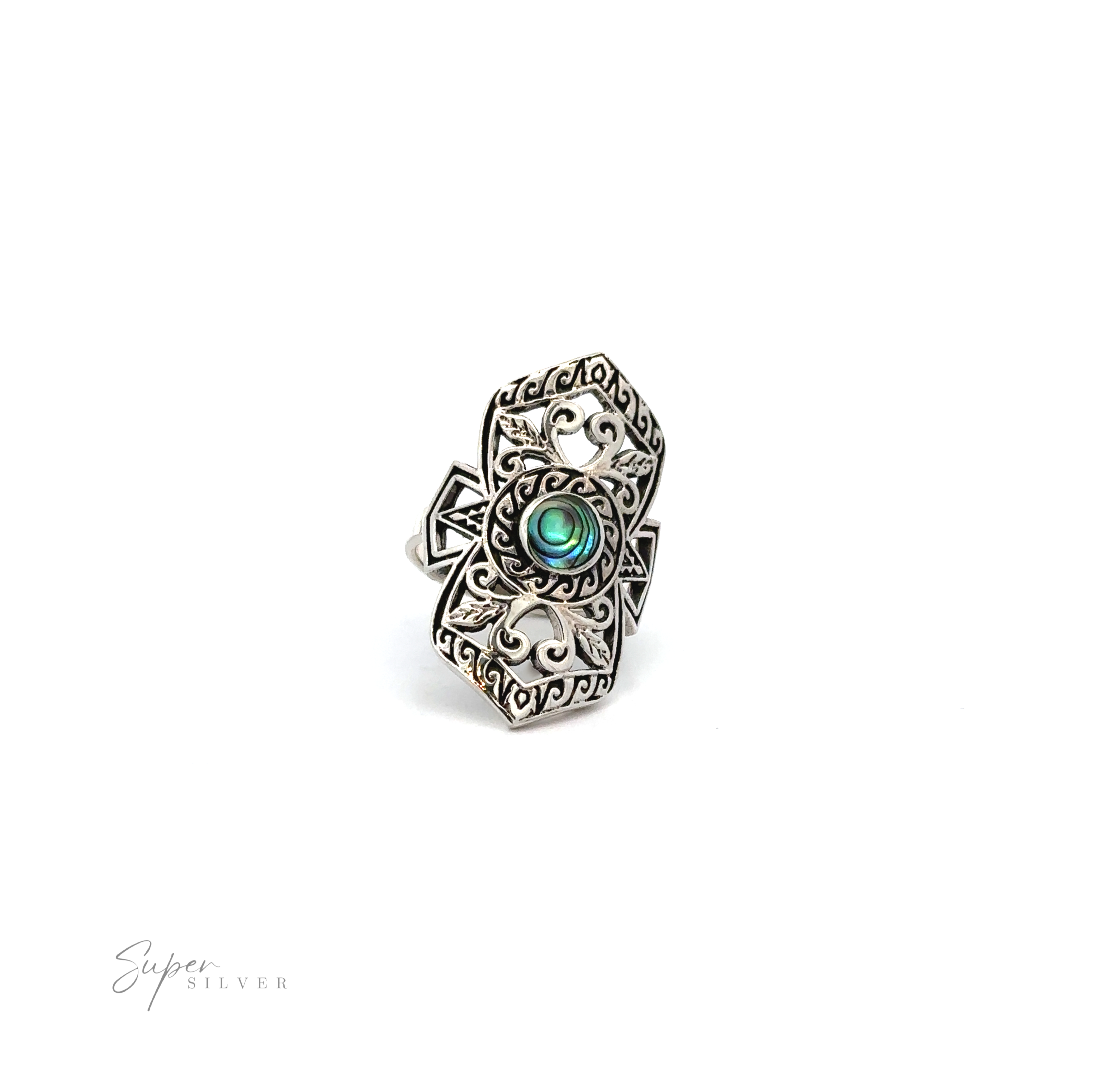 A Elaborate Filigree Shield Ring with Stone with a green stone accent.