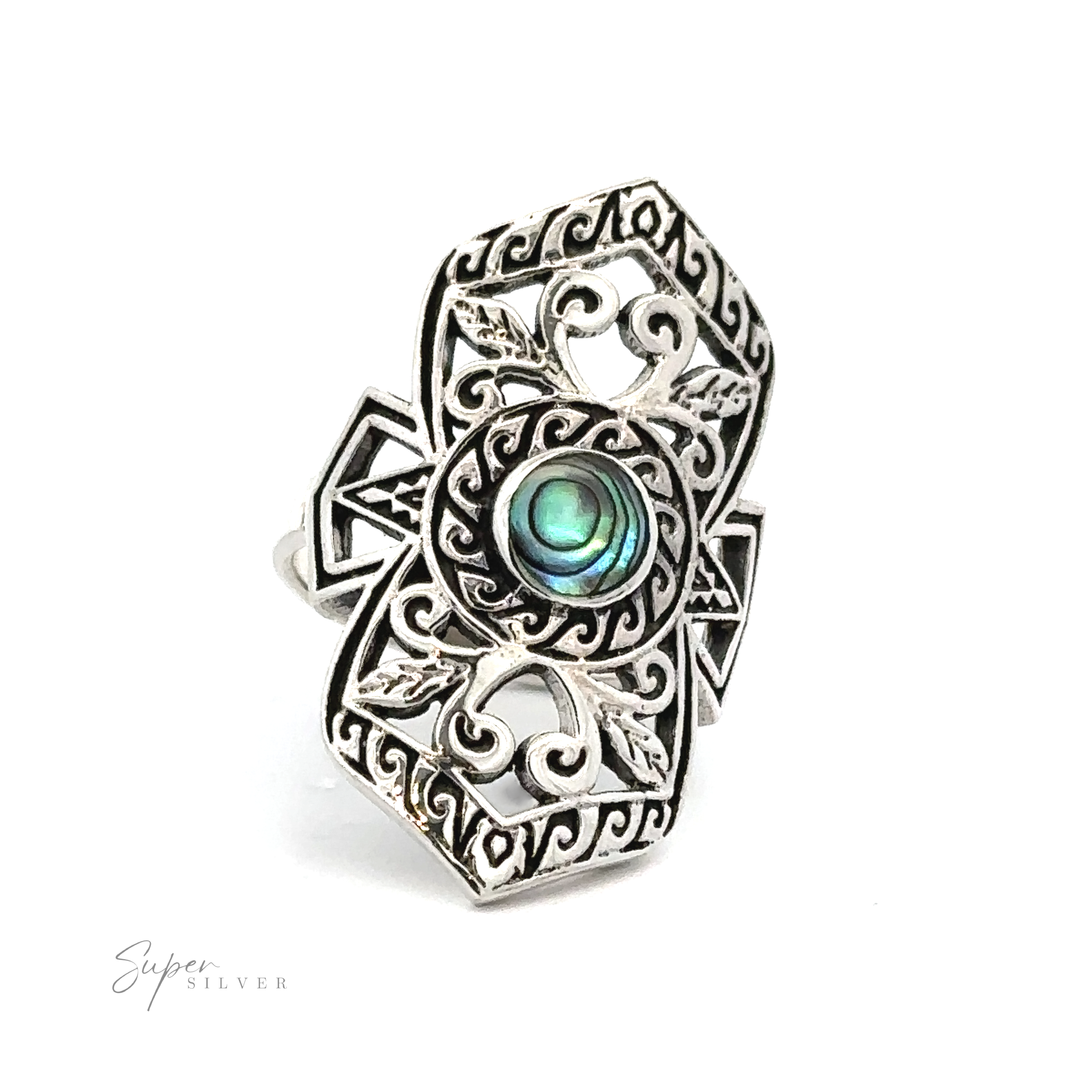 A Elaborate Filigree Shield Ring with Stone with an abalone stone accent.