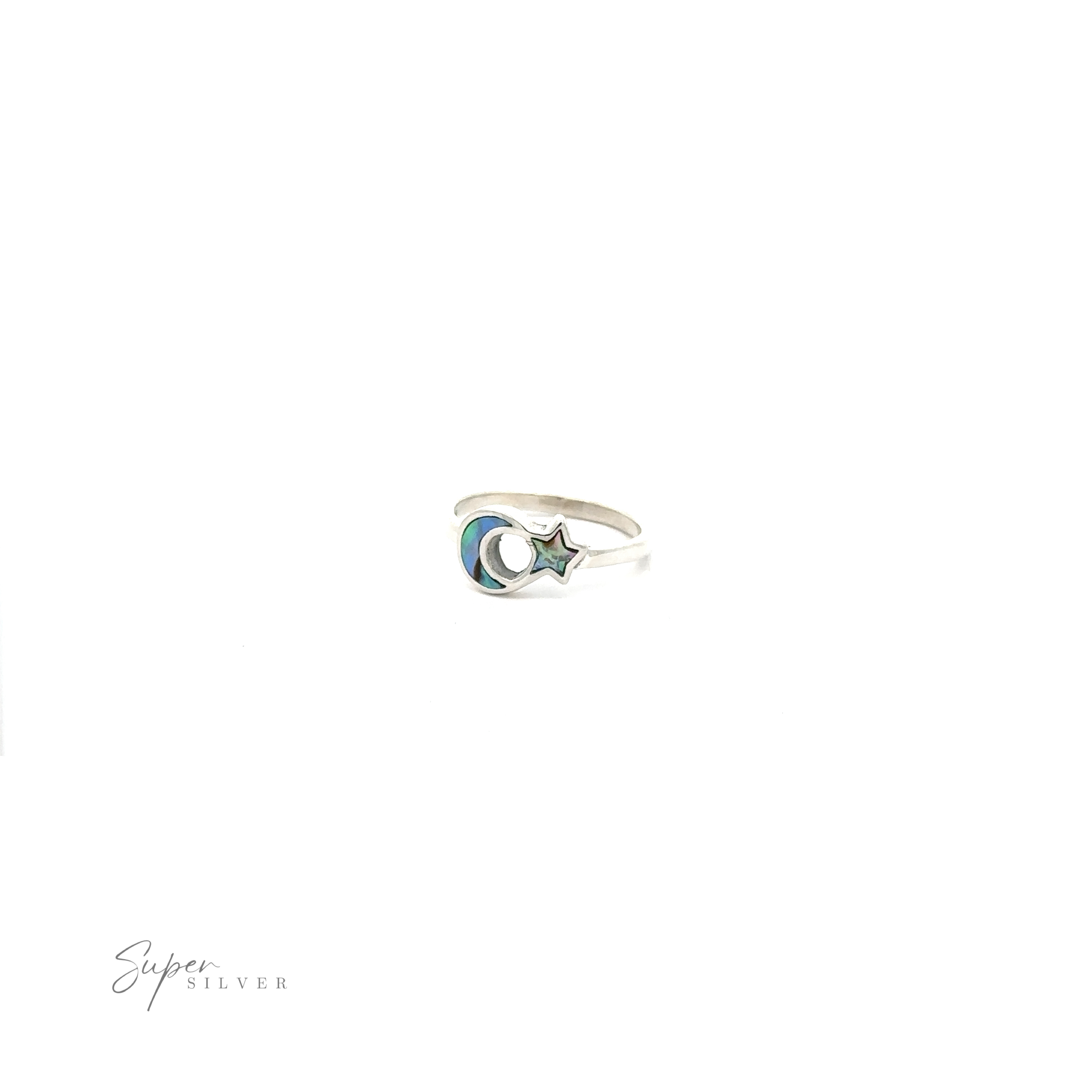 Crescent Moon And Star Ring with Inlaid Stone with a white background.
