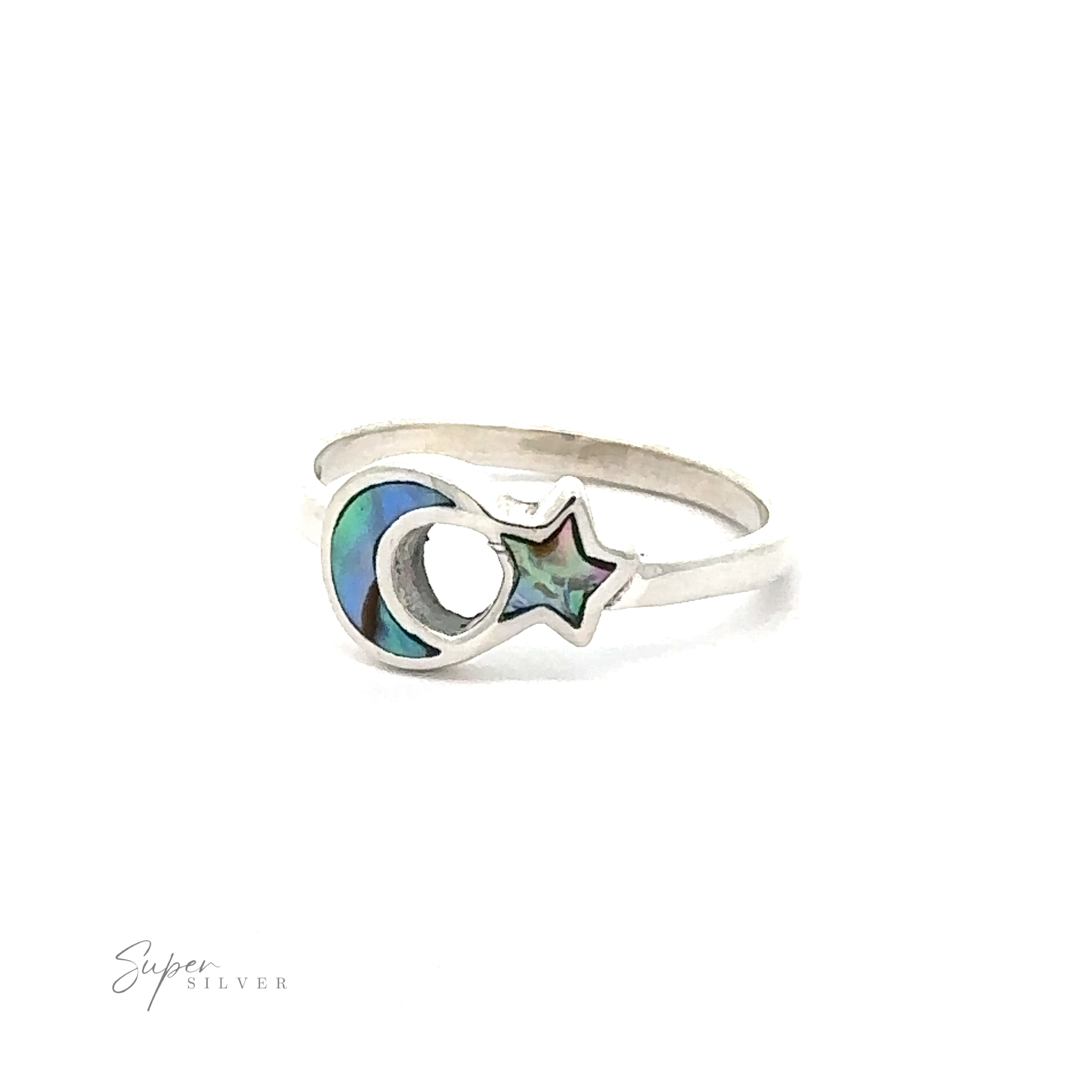 A Crescent Moon And Star Ring with inlaid stones featuring a crescent moon and star design.