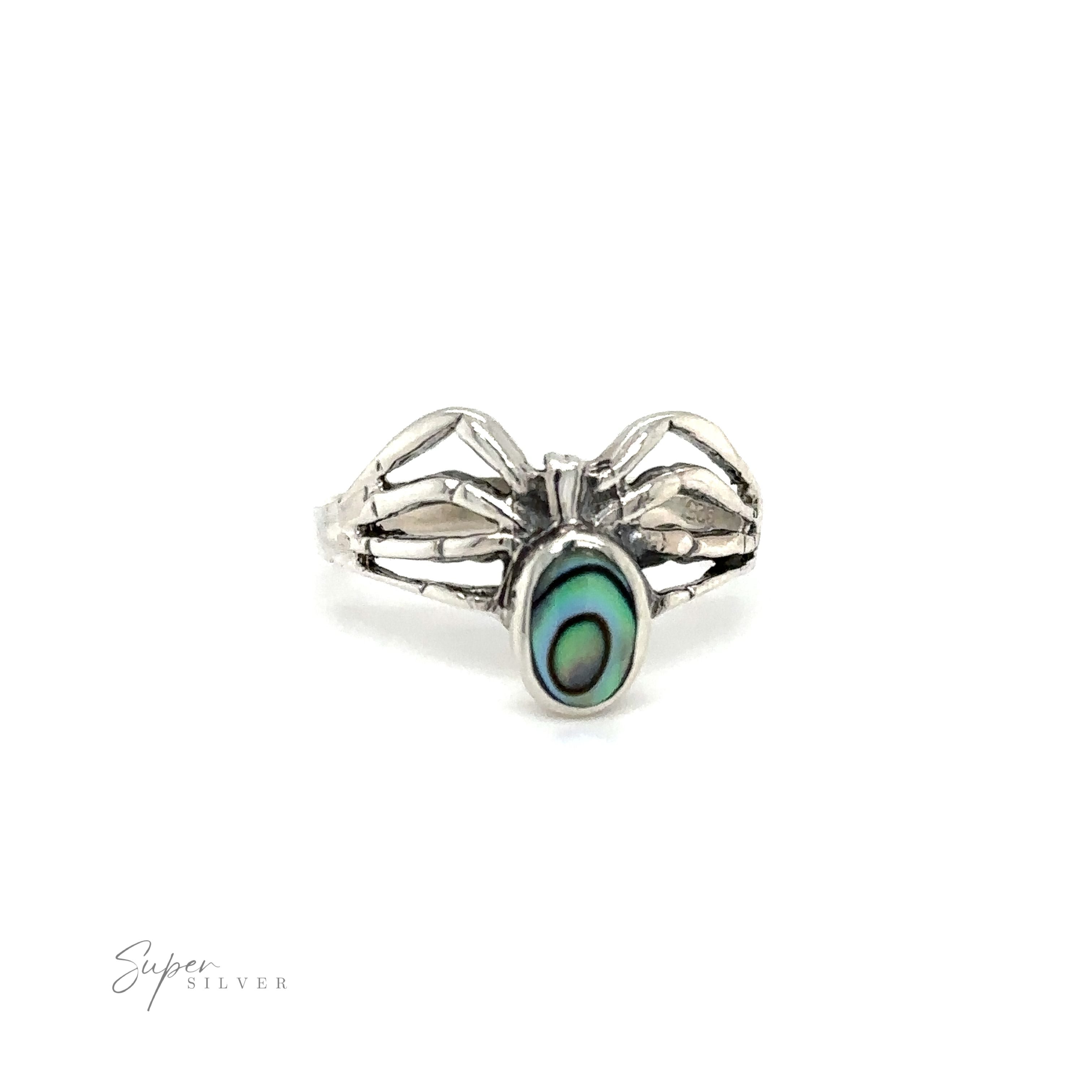 A mystical Inlay Stone Spider Ring from Super Silver with an enchanting abalone shell on it.