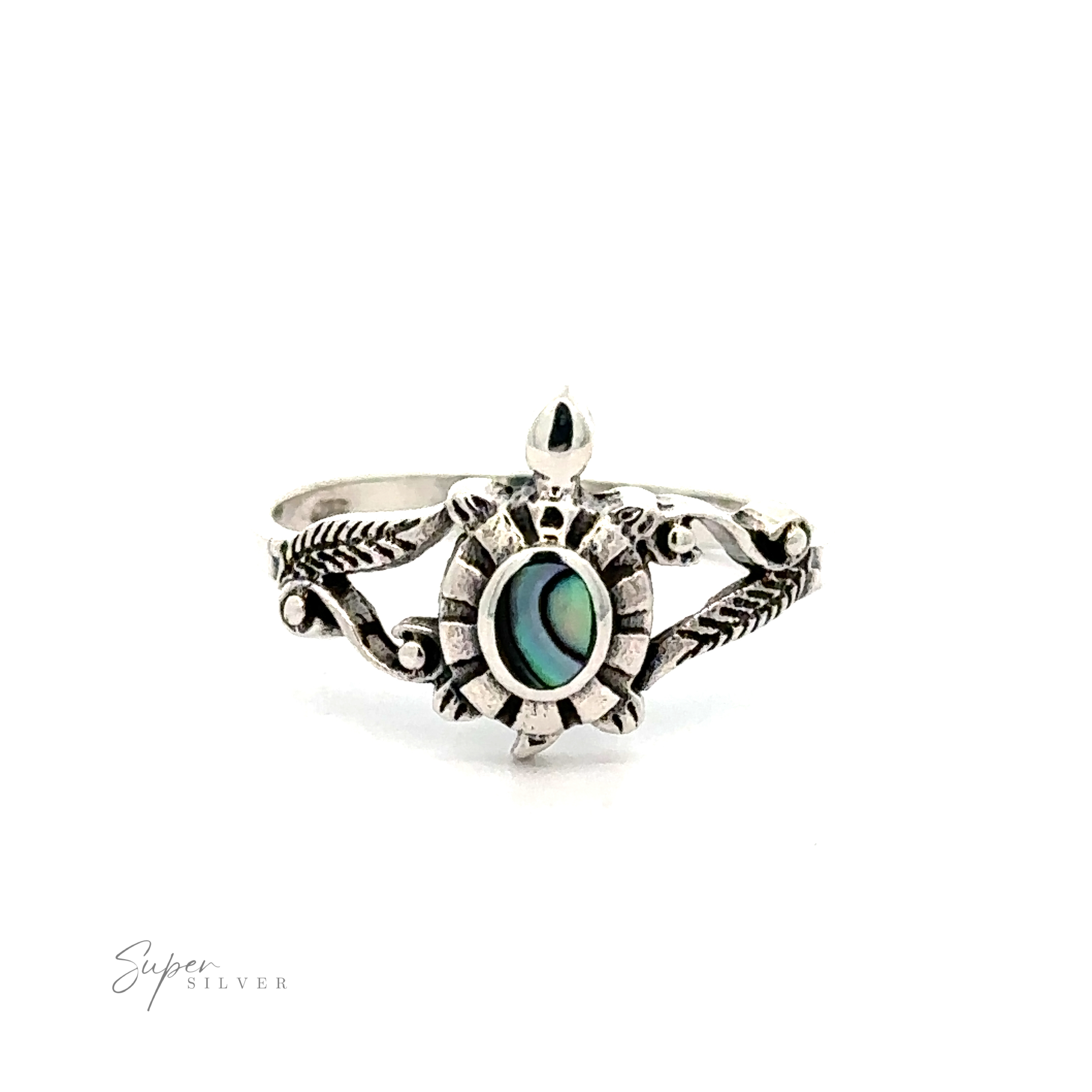 A Inlay Stone Turtle Ring with Leaf Detailing.