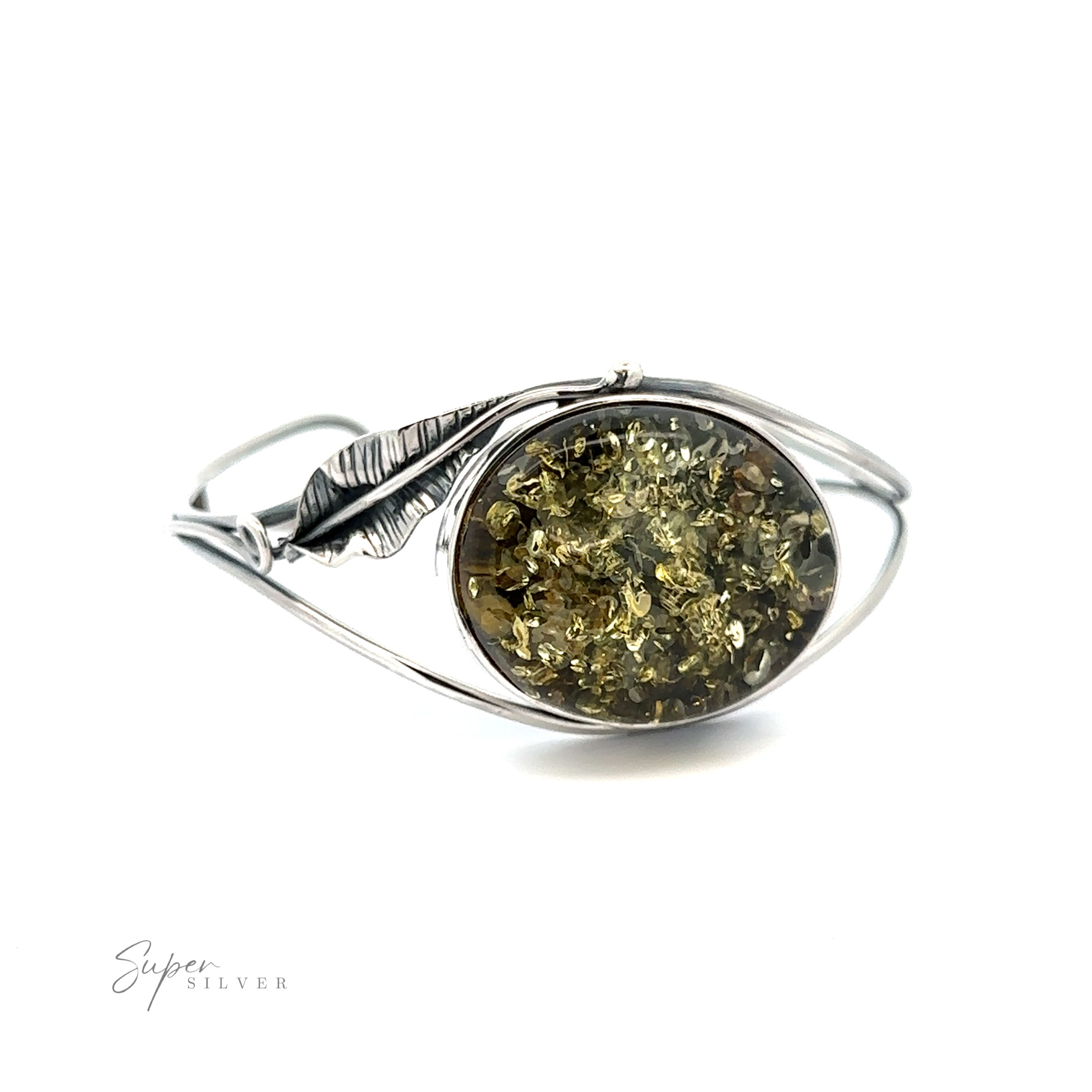 A statement Delicate Floral Amber Cuff adorned with a vibrant yellow stone and delicate feathers.