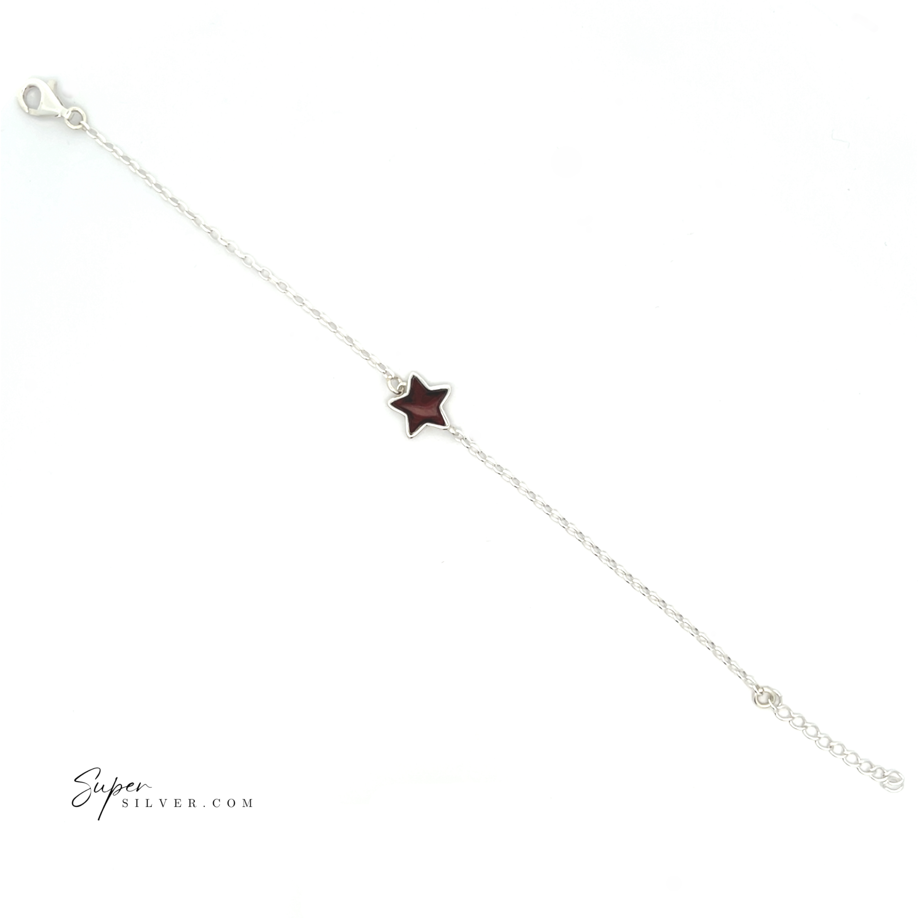 Simple Amber Star Bracelet adorned with a celestial black star charm in the center, elegantly showcased on a white background.