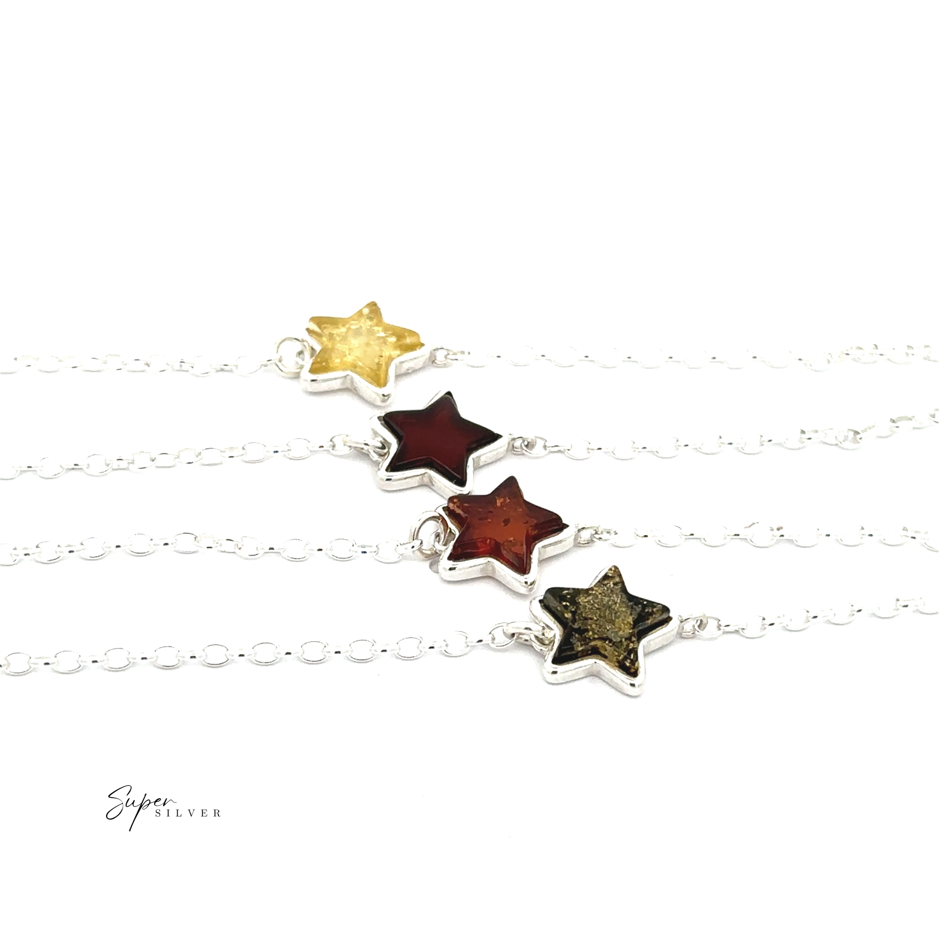 The Simple Amber Star Bracelet showcases a minimalist sterling silver chain adorned with star-shaped pendants in yellow, red, brown, and black tones, adding a touch of refinement.
