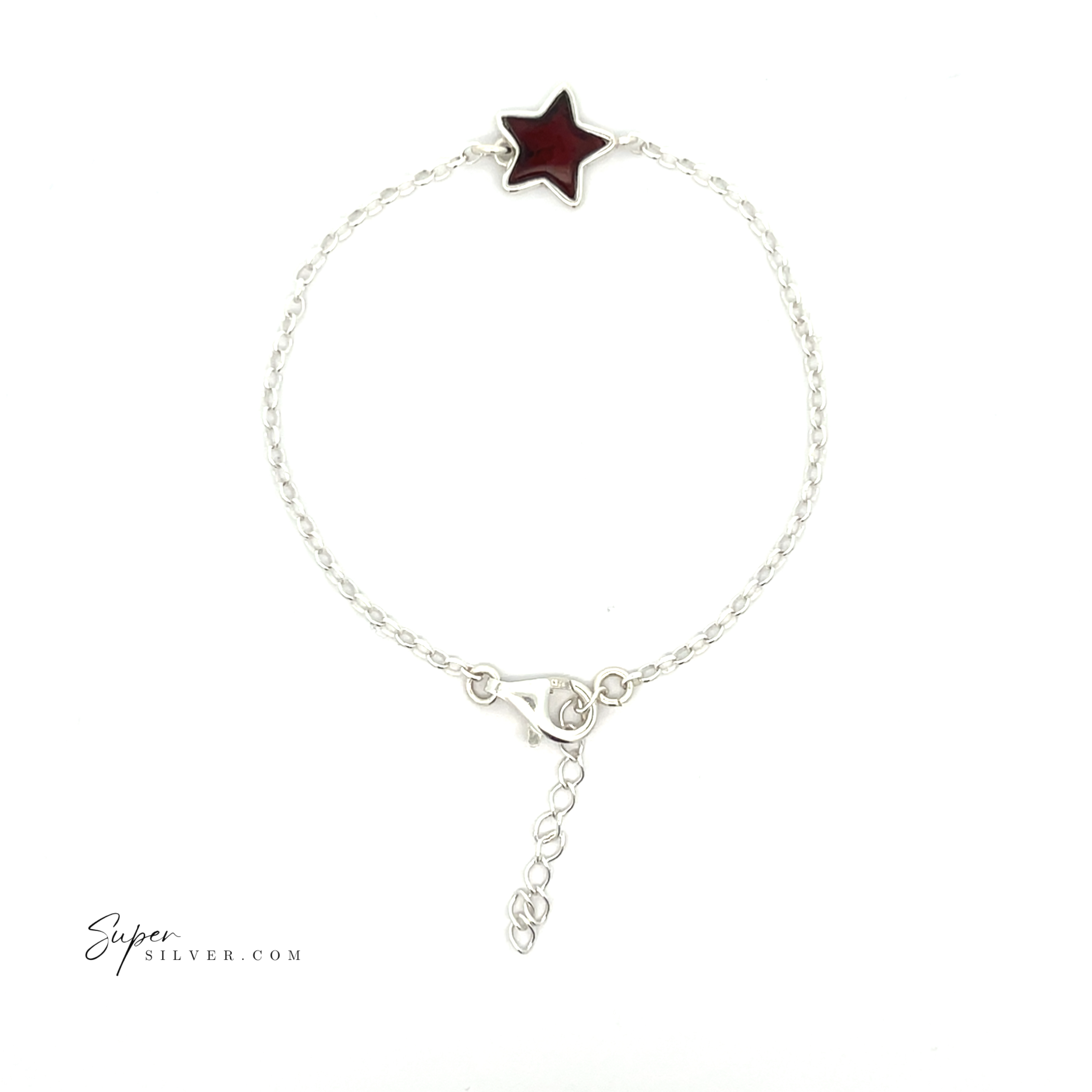 Simple Amber Star Bracelet featuring a red star charm and a minimalist chain, adjustable to fit any wrist. Displayed on a white background, this celestial charm piece is perfect for adding a touch of elegance.