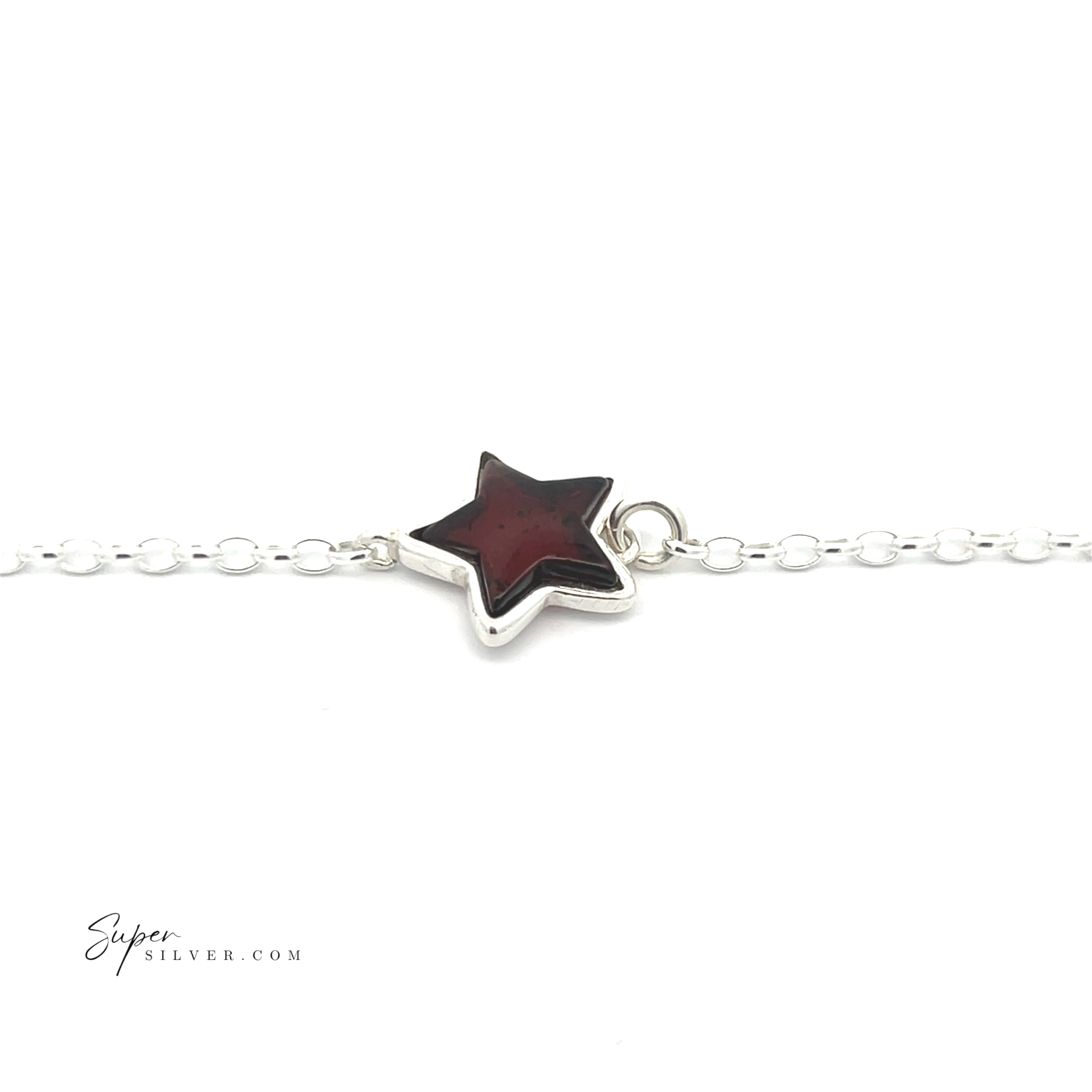 Simple Amber Star Bracelet featuring a minimalist silver chain adorned with a red celestial star-shaped charm, showcased against a white background.