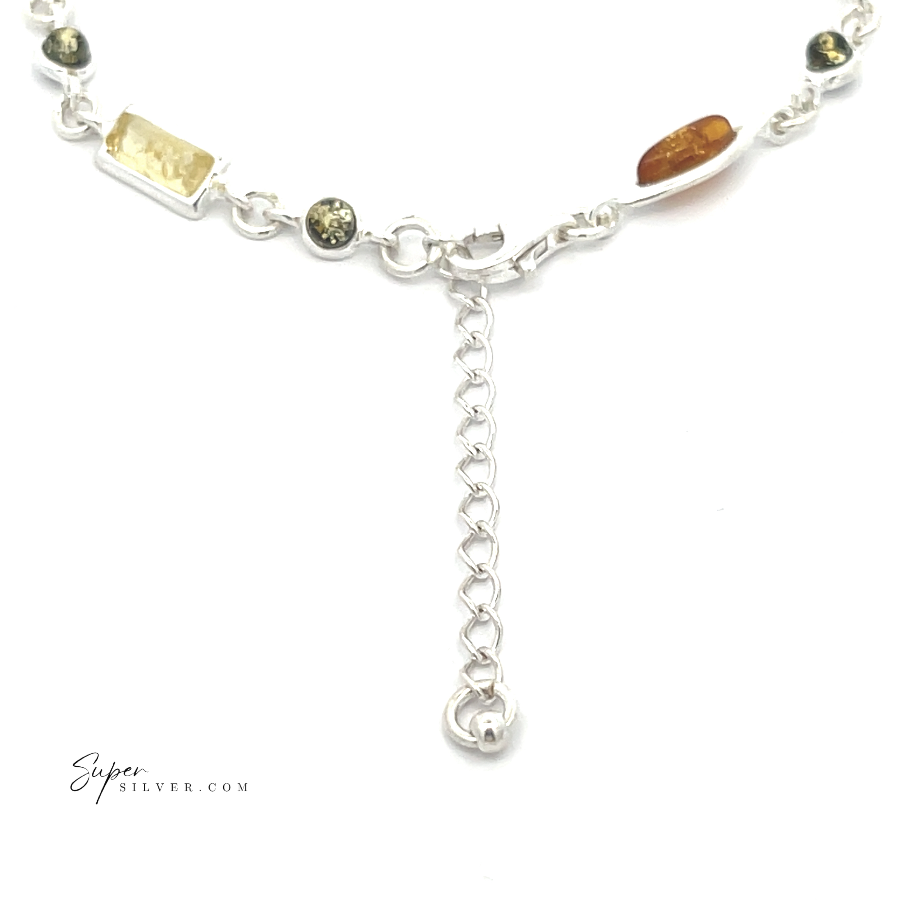 The Dainty Eclectic Baltic Amber Bracelet features round and rectangular gemstone inlays, an adjustable closure, and the SuperSilver.com logo—a unique sterling silver jewelry piece for any collection.