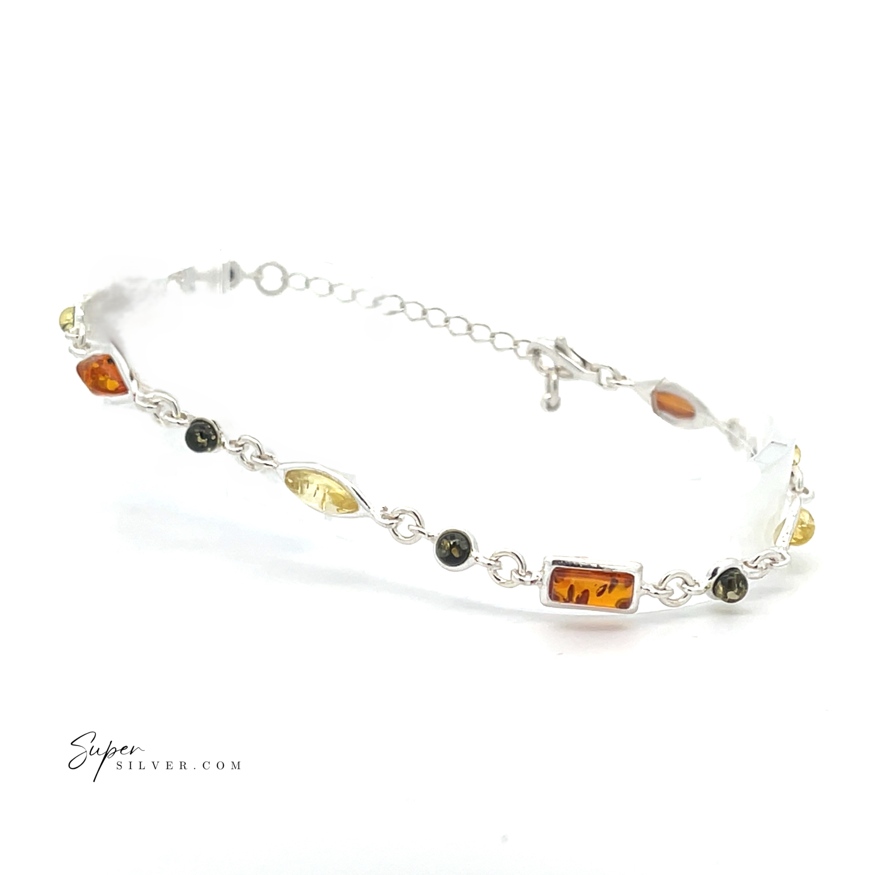 The Dainty Eclectic Baltic Amber Bracelet is a sterling silver piece adorned with assorted shapes and colors of Baltic amber stones, shown on a white background—a striking and unique jewelry accessory.