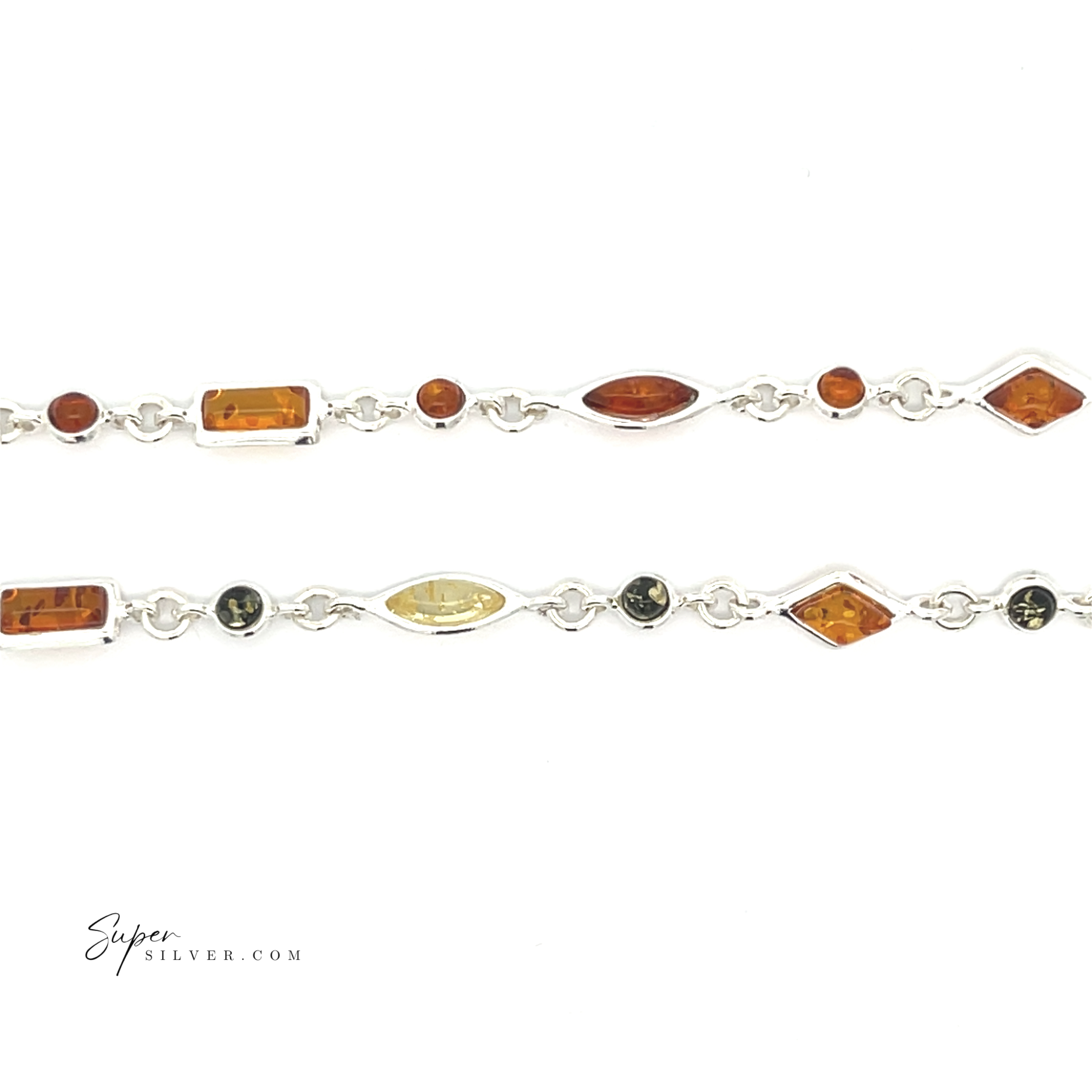 The Dainty Eclectic Baltic Amber Bracelet showcases oval and round stones in shades of brown, green, and yellow set in sterling silver—a unique jewelry piece for any collection, elegantly displayed on a white background.
