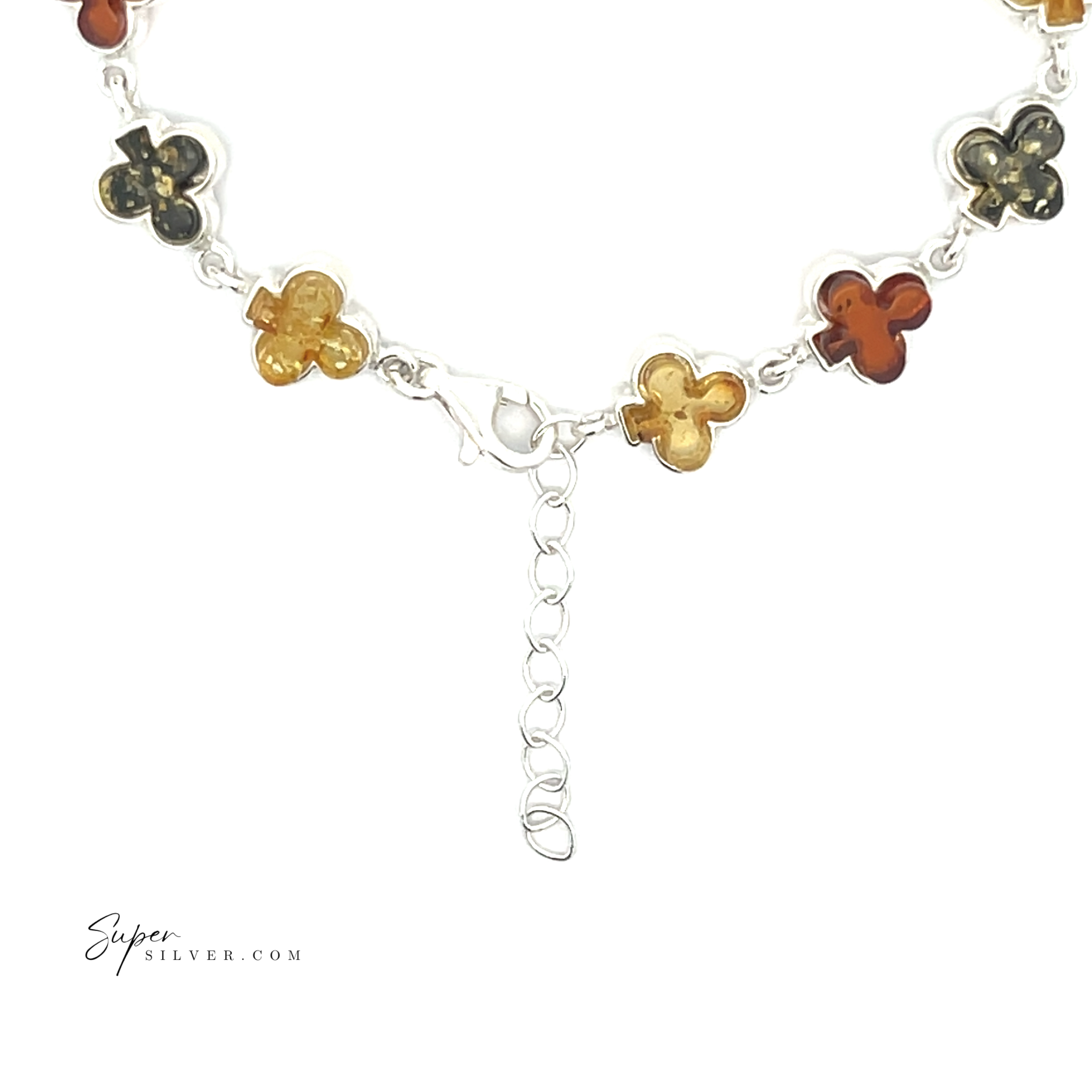 The Amber Card Suit Bracelets feature sterling silver with clover-shaped multicolor Baltic amber gemstones and an adjustable clasp, shown on a white background.