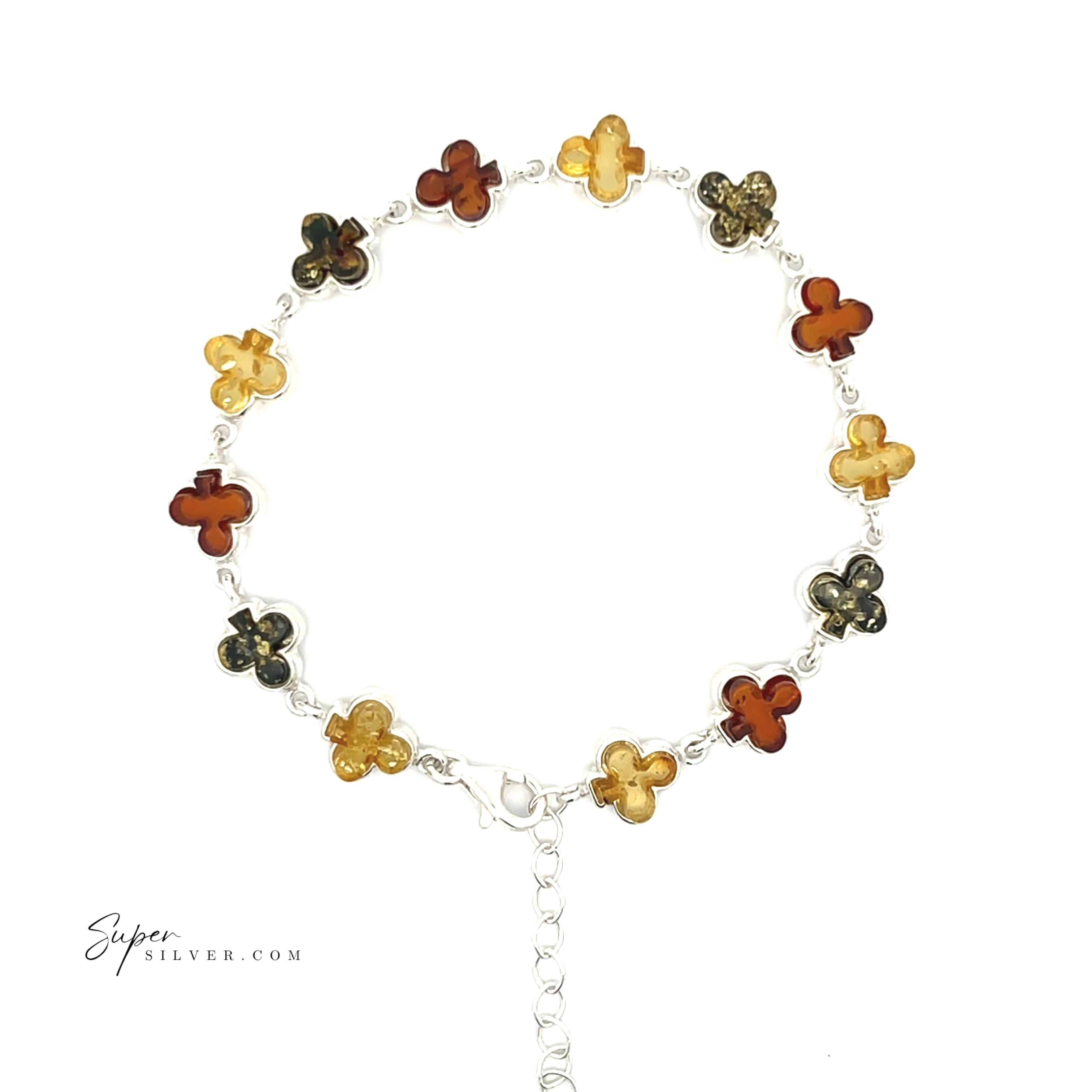 The Amber Card Suit Bracelet, crafted in sterling silver, showcases alternating Baltic amber charms in yellow, green, and brown tones on a white background.