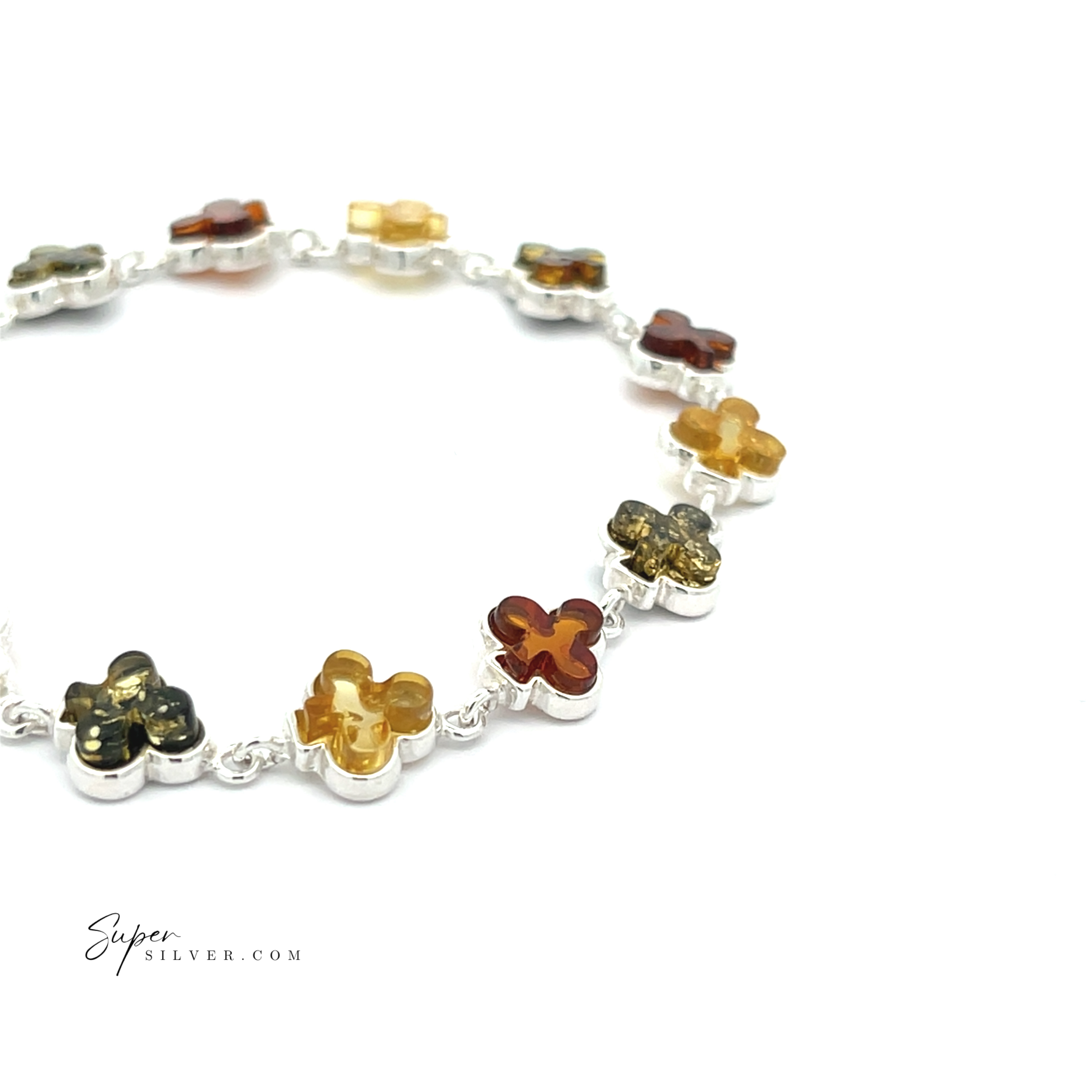 An Amber Card Suit Bracelet made of sterling silver with multi-colored Baltic amber stones in card suit shapes is shown on a white background. "SuperSilver.com" appears in the lower left corner.