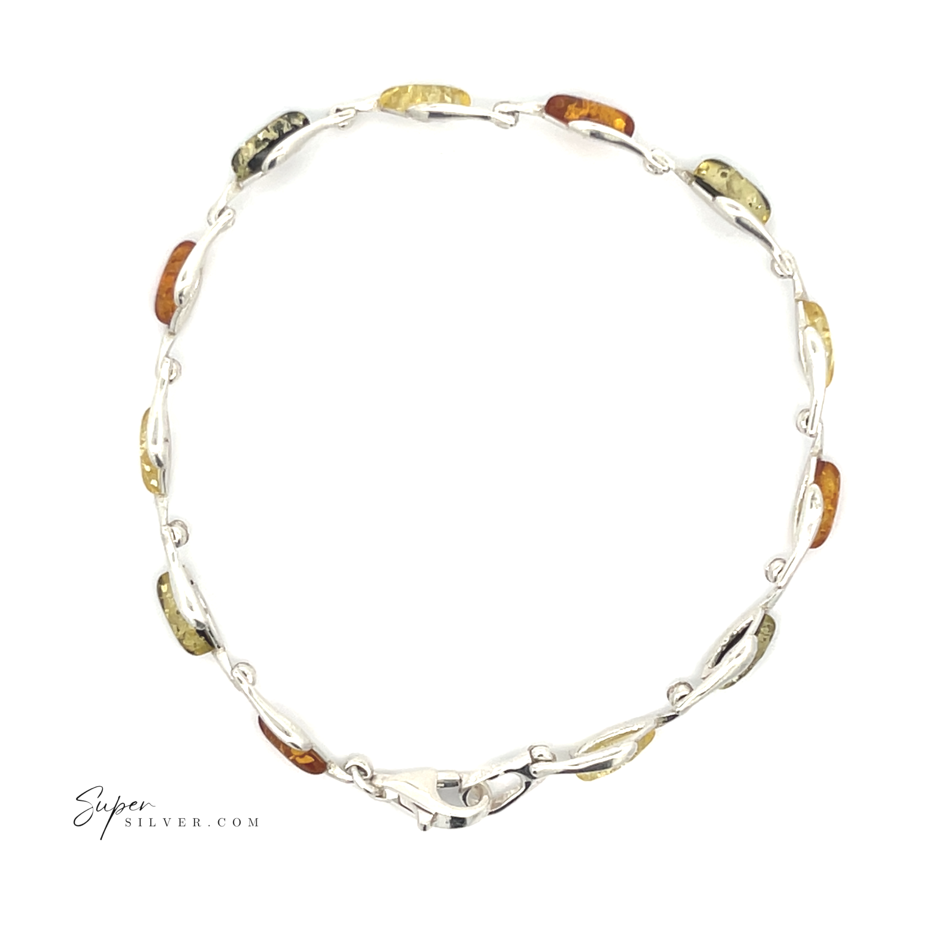 The Baltic Amber Marquise Bracelet features alternating oval green and cognac amber stones set in sterling silver, beautifully arranged in a circular pattern against a white background.