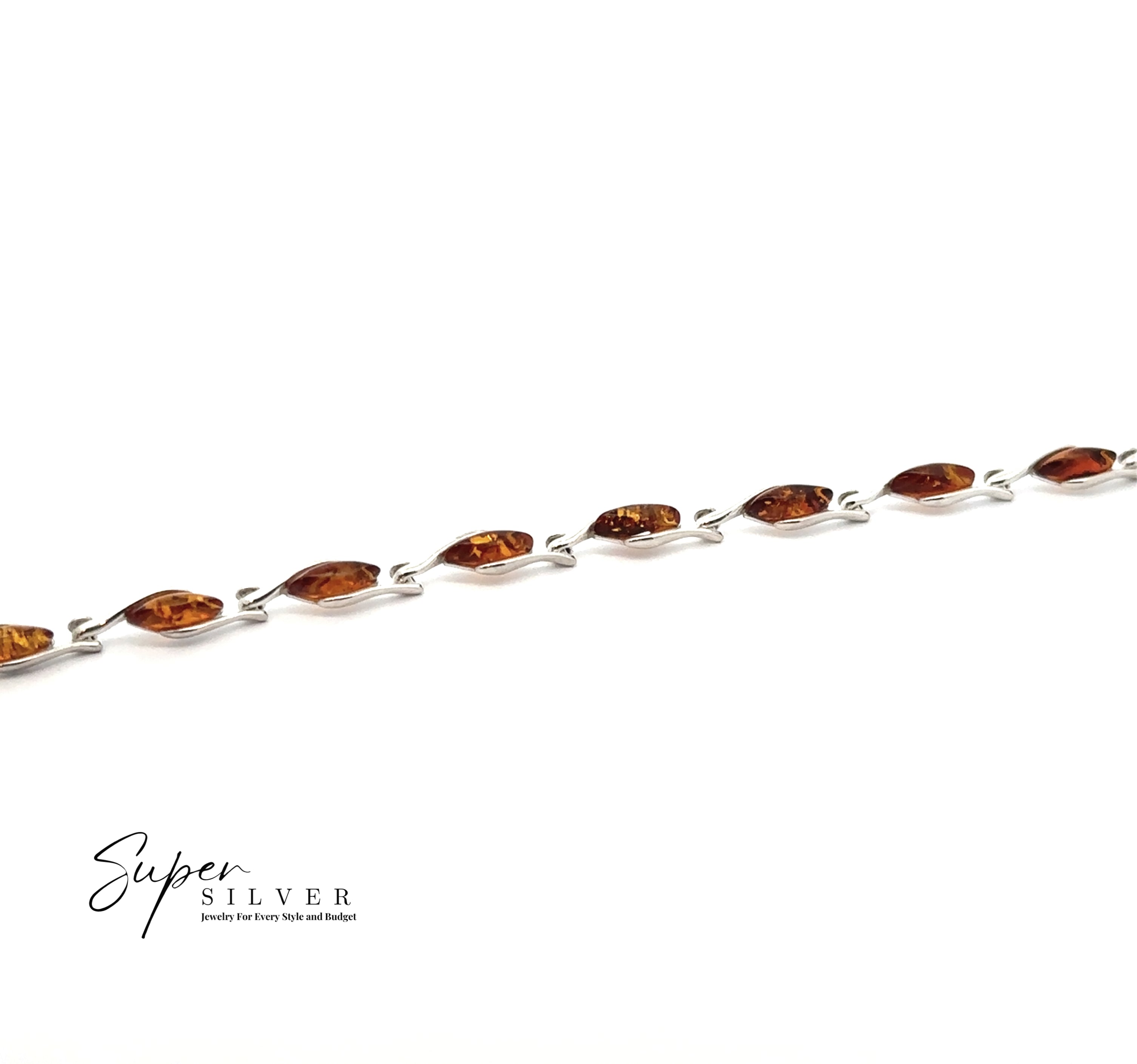 The Baltic Amber Marquise Bracelet features marquise-shaped cognac amber stones in sterling silver links, shown on a white background with the "Super Silver" logo in the bottom left corner.