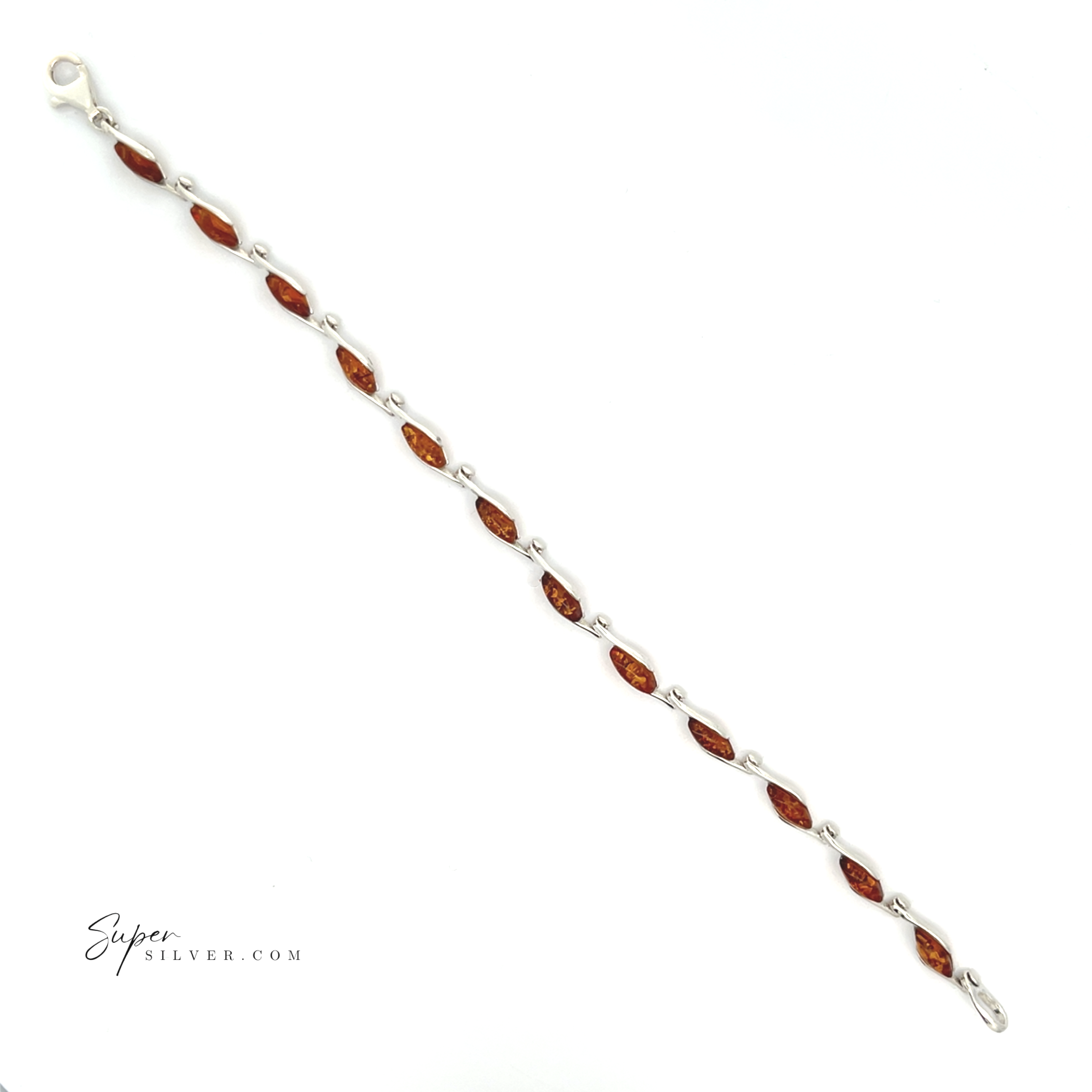 The Baltic Amber Marquise Bracelet in sterling silver features a repeating pattern of marquise-shaped cognac amber stones, linked together and displayed on a white background.