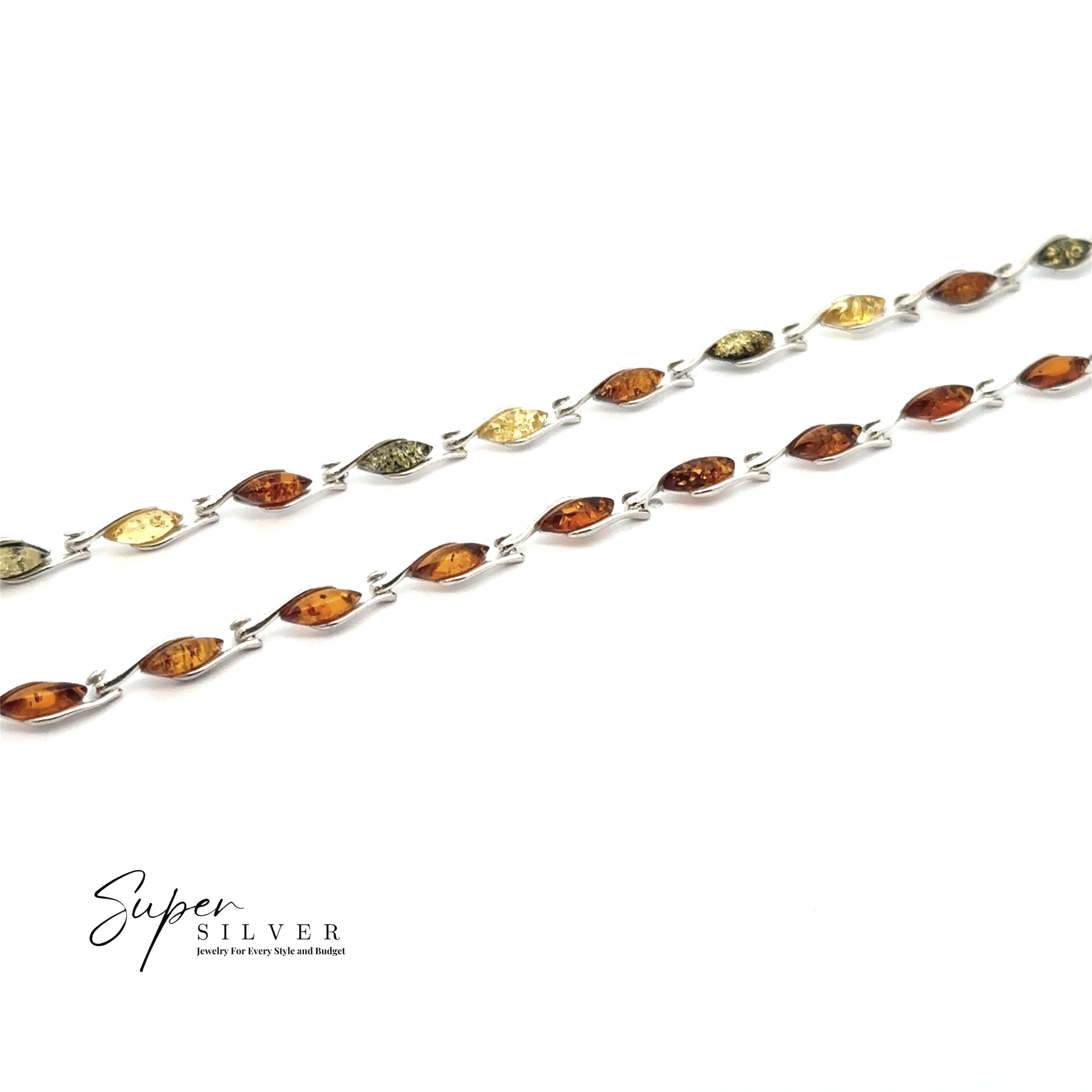 Two Baltic Amber Marquise Bracelets, made of sterling silver with alternating marquise-shaped cognac and yellow amber stones, arranged parallel on a white background. "Super Silver" logo appears in the bottom left corner.