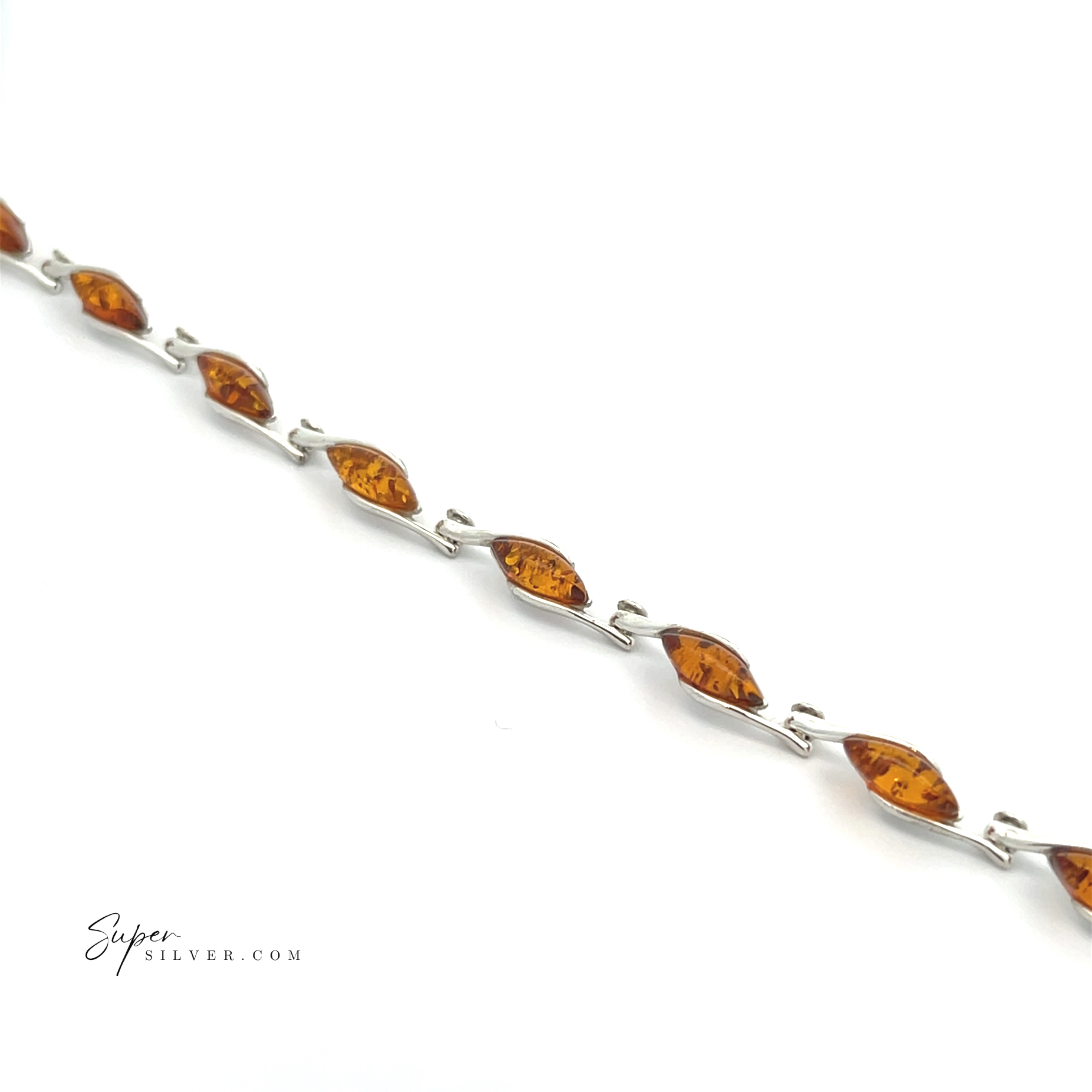 The Baltic Amber Marquise Bracelet showcases cognac amber marquise stones in sterling silver leaf links, set against a white background. The "supersilver.com" logo is visible in the lower left corner.