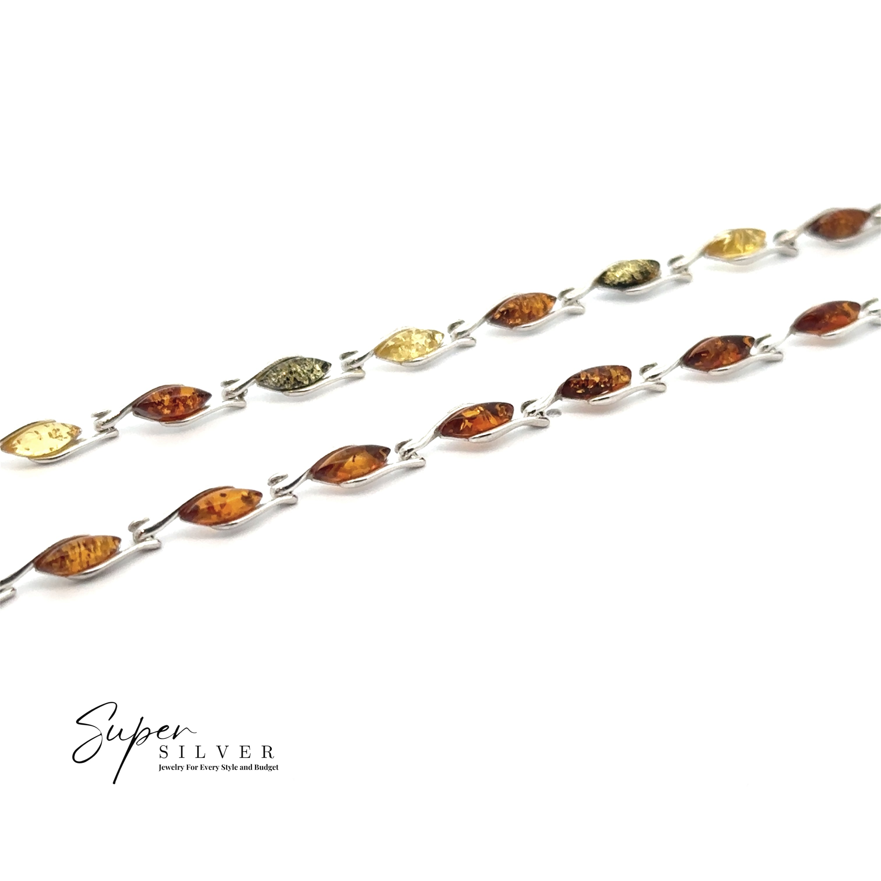 Two Baltic Amber Marquise Bracelets in sterling silver, featuring alternating marquise-shaped cognac and yellow amber stones, displayed on a white background with the Super Silver logo in the corner.