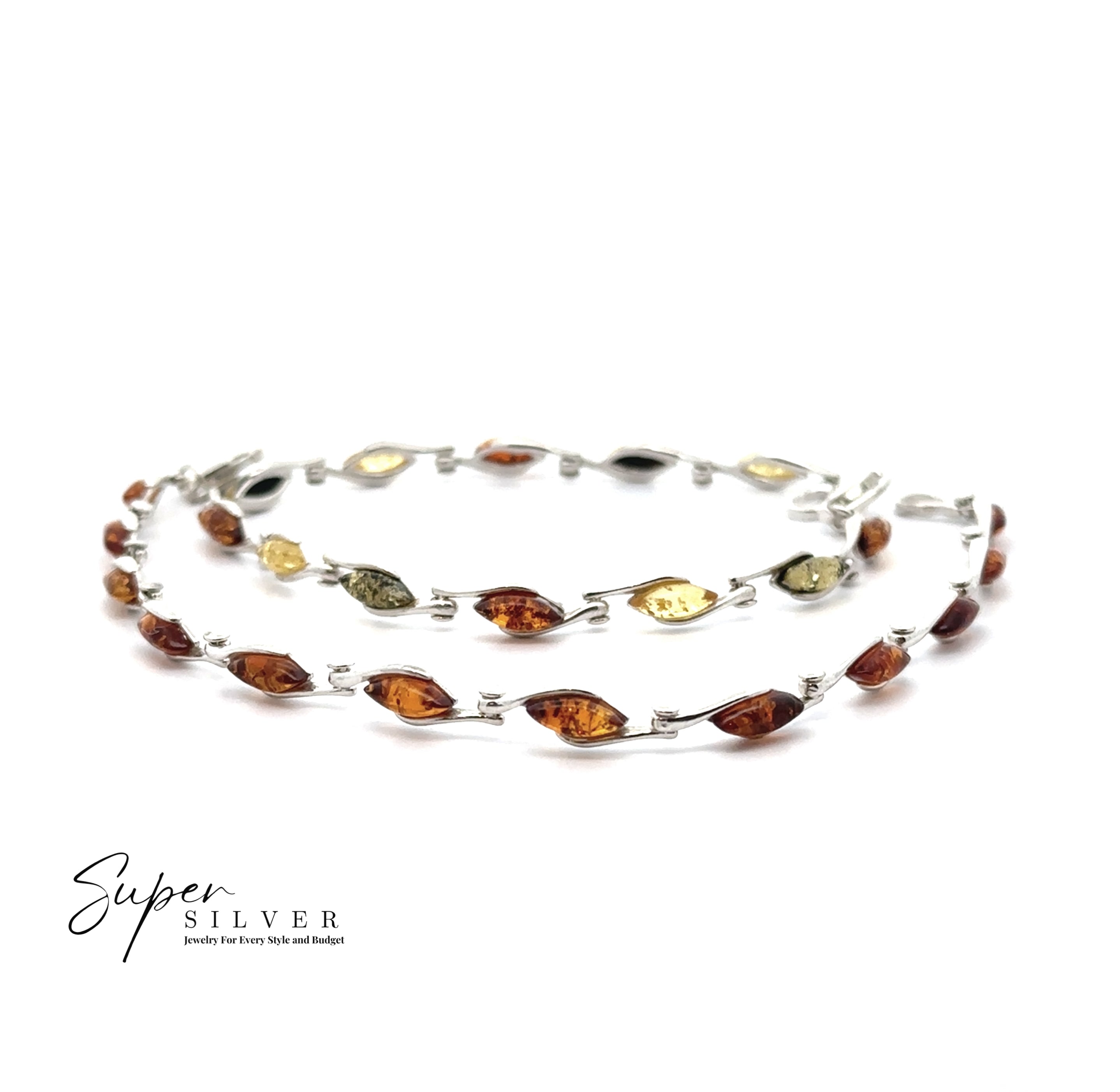 The Baltic Amber Marquise Bracelet showcases alternating marquise-shaped amber stones in cognac brown, yellow, and green hues set in sterling silver, presented on a white background with the Super Silver logo.