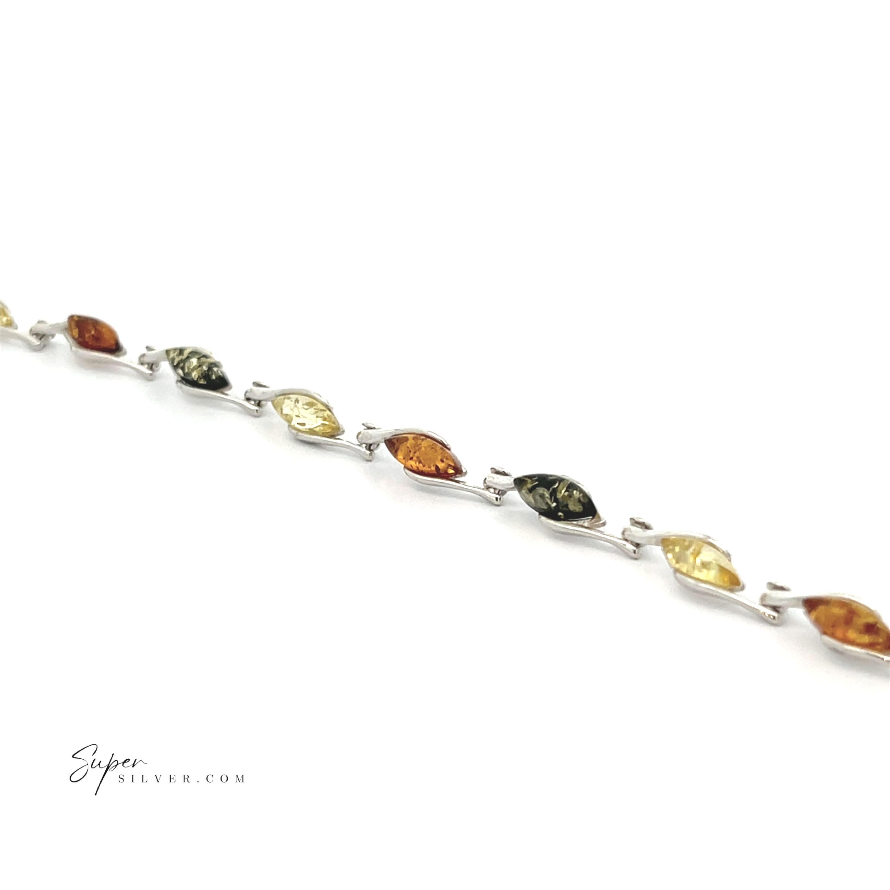 The Baltic Amber Marquise Bracelet in sterling silver features alternating marquise-shaped yellow, green, and cognac amber stones, beautifully displayed on a white background.