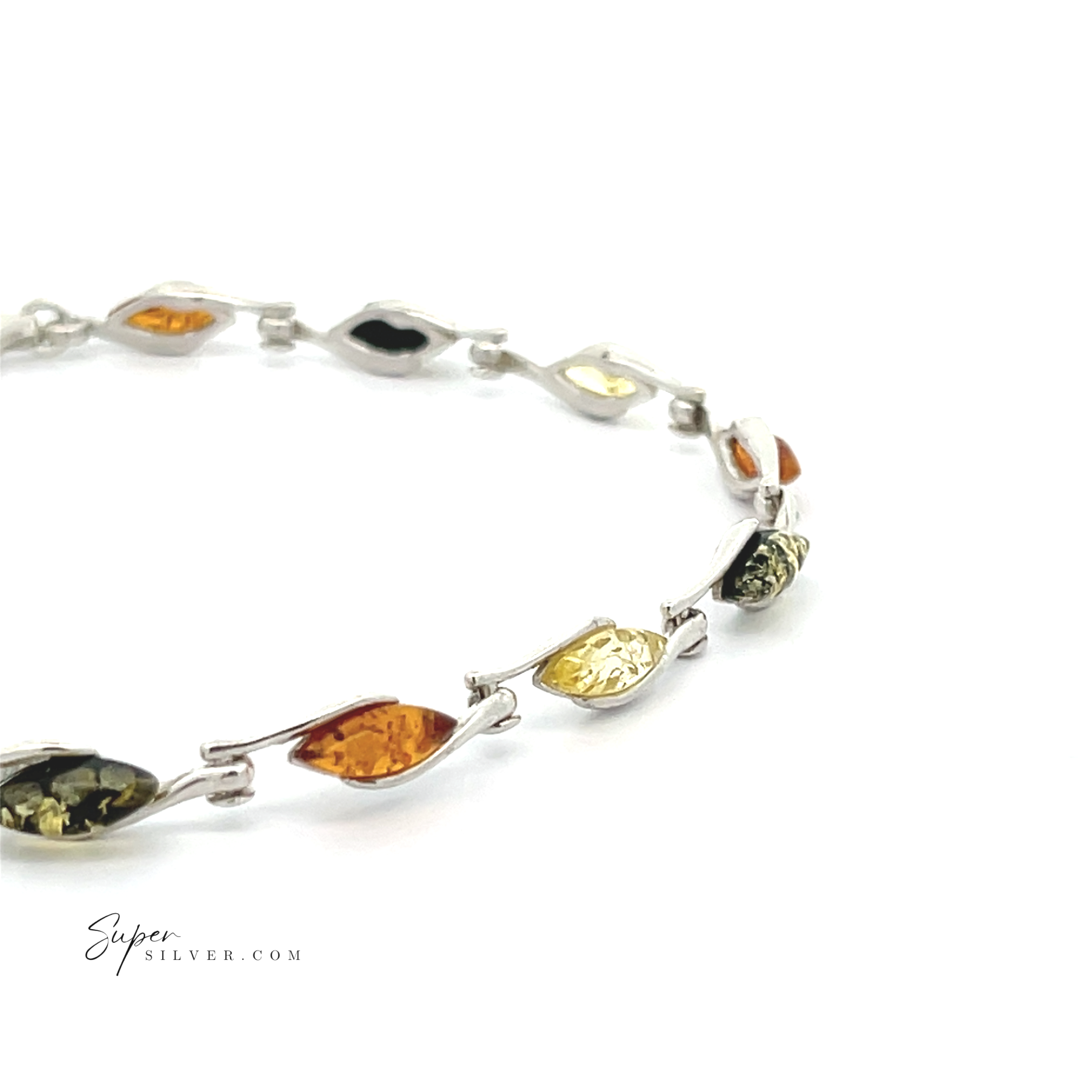 The Baltic Amber Marquise Bracelet features alternating marquise-shaped yellow, green, and cognac amber stones set in sterling silver, displayed on a white background.