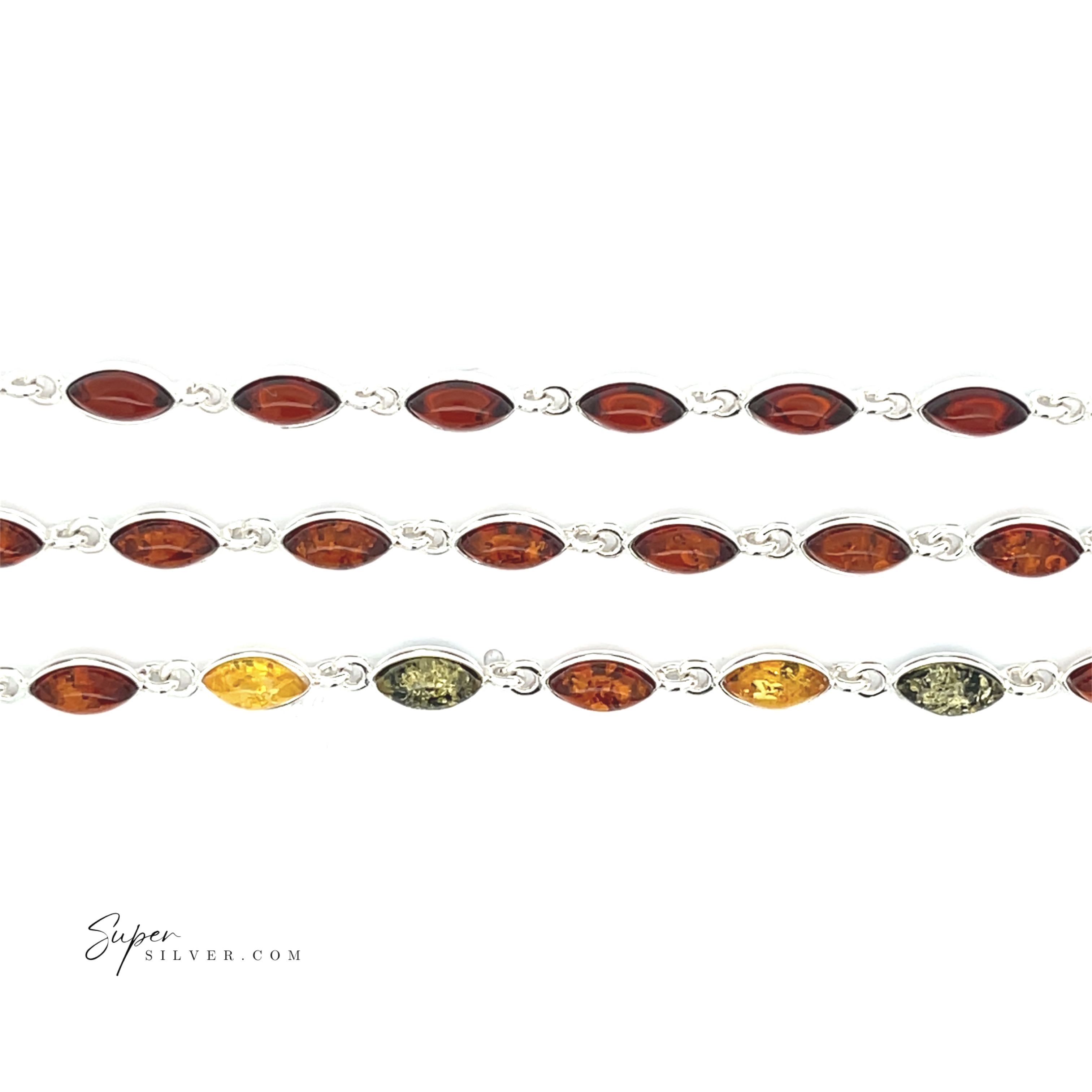 The Simple Marquise Baltic Amber Bracelet features sterling silver chains with marquise-shaped amber links in honey, green, and cognac hues, showcasing the radiant glow of ancient Baltic amber.