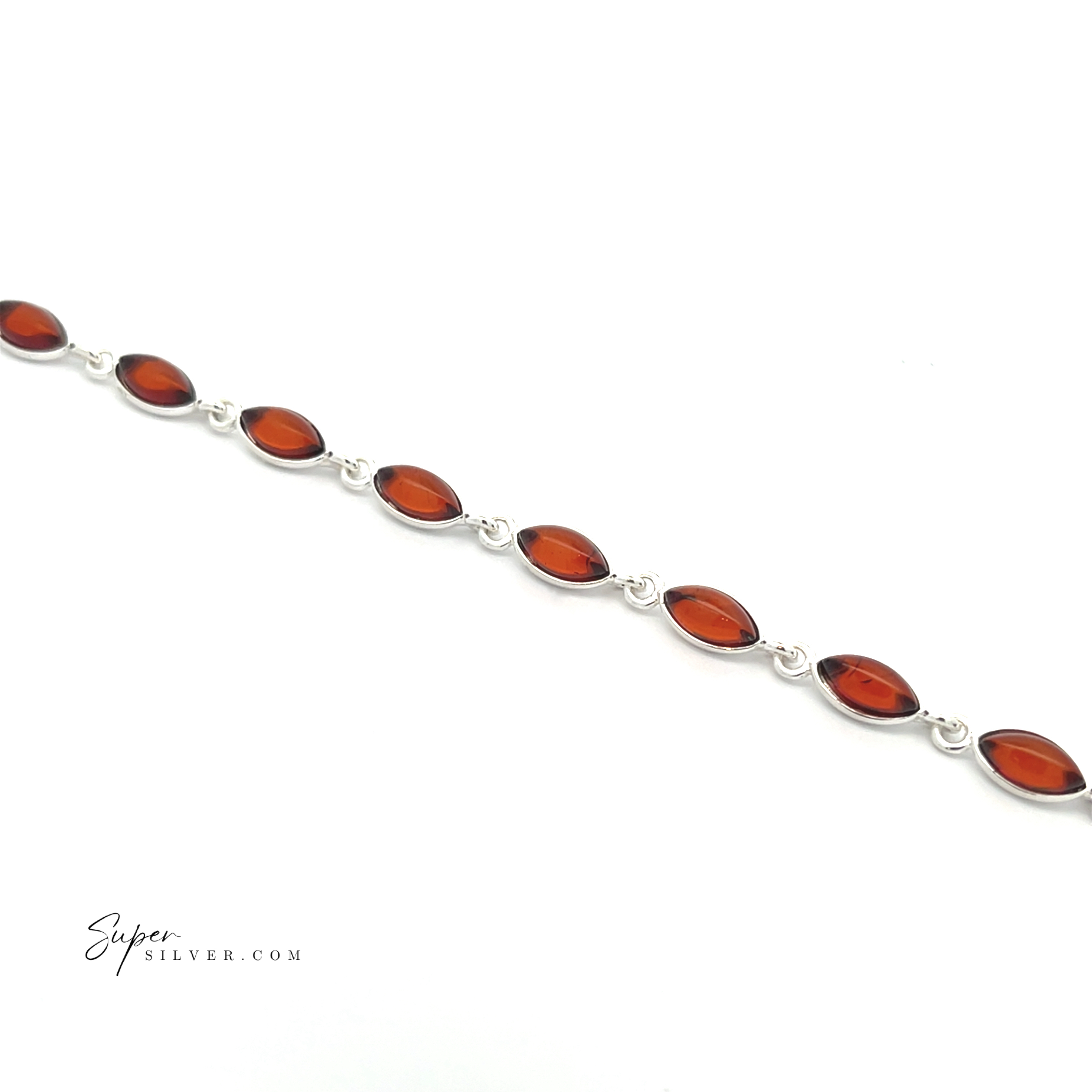 The Simple Marquise Baltic Amber Bracelet features marquise-shaped red amber stones set in sterling silver and is displayed on a white background.